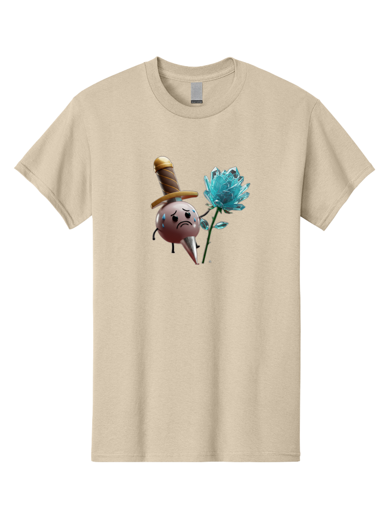 Sad-Bullet-Kin-With-Crystal-Flower Men'S Graphic Tee, 100% Cotton, Comfortable Casual Summer Wear, Machine Washable, Sad Bullet Kin, Crying Face, Blue Tears, Sword Hat, Crystal Flower, Cartoon Character, 3D Animation, Video Game Asset, Bae261