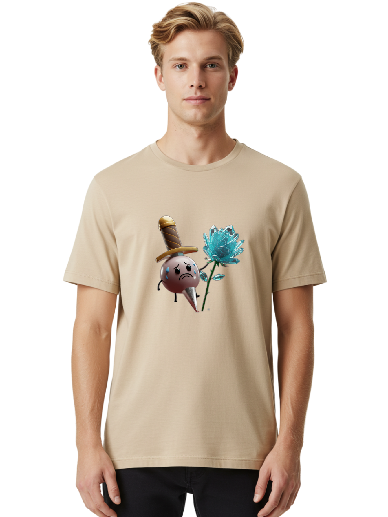 Sad-Bullet-Kin-With-Crystal-Flower Men'S Graphic Tee, 100% Cotton, Comfortable Casual Summer Wear, Machine Washable, Sad Bullet Kin, Crying Face, Blue Tears, Sword Hat, Crystal Flower, Cartoon Character, 3D Animation, Video Game Asset, Bae261