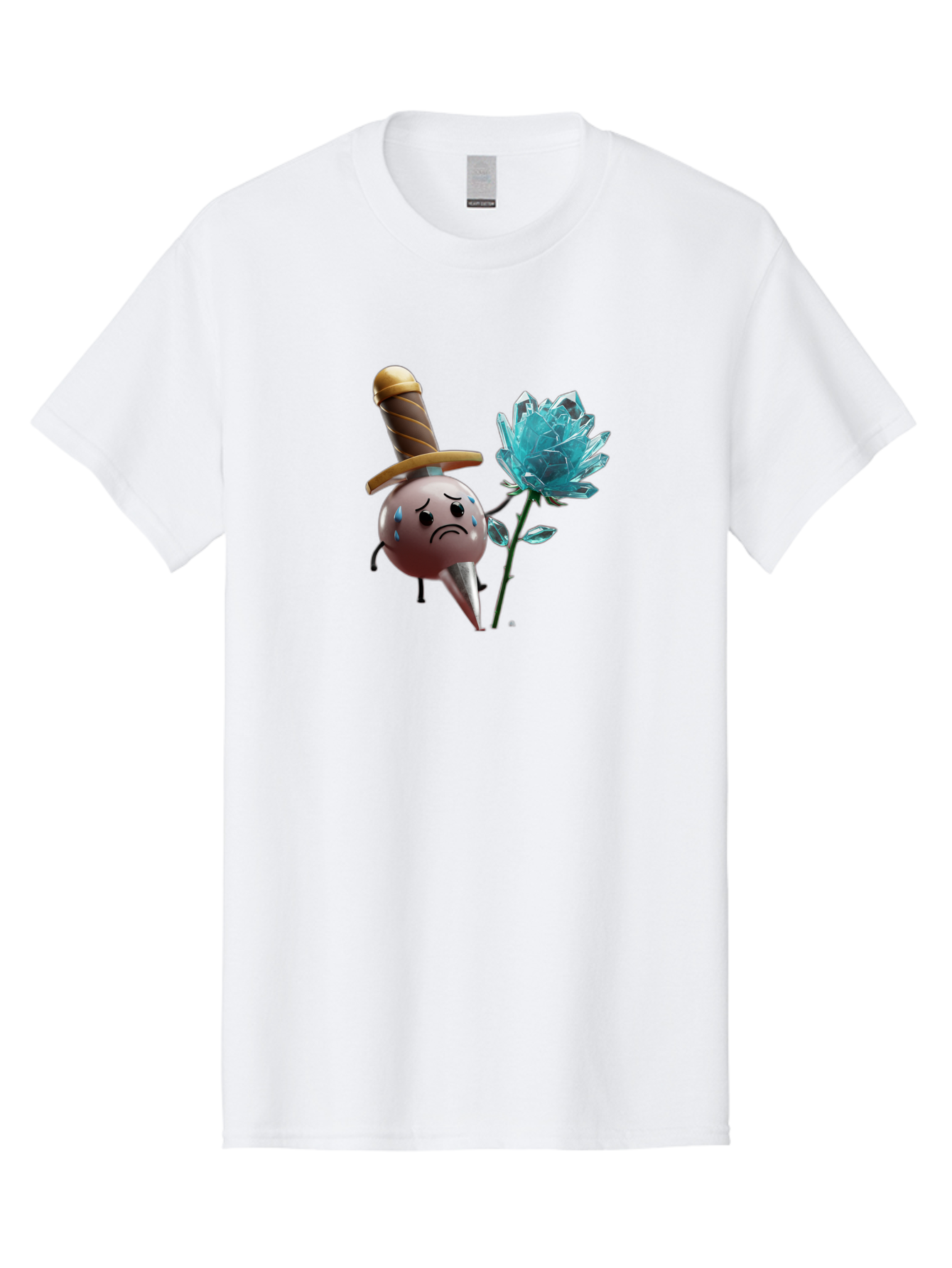 Sad-Bullet-Kin-With-Crystal-Flower Men'S Graphic Tee, 100% Cotton, Comfortable Casual Summer Wear, Machine Washable, Sad Bullet Kin, Crying Face, Blue Tears, Sword Hat, Crystal Flower, Cartoon Character, 3D Animation, Video Game Asset, Bae261