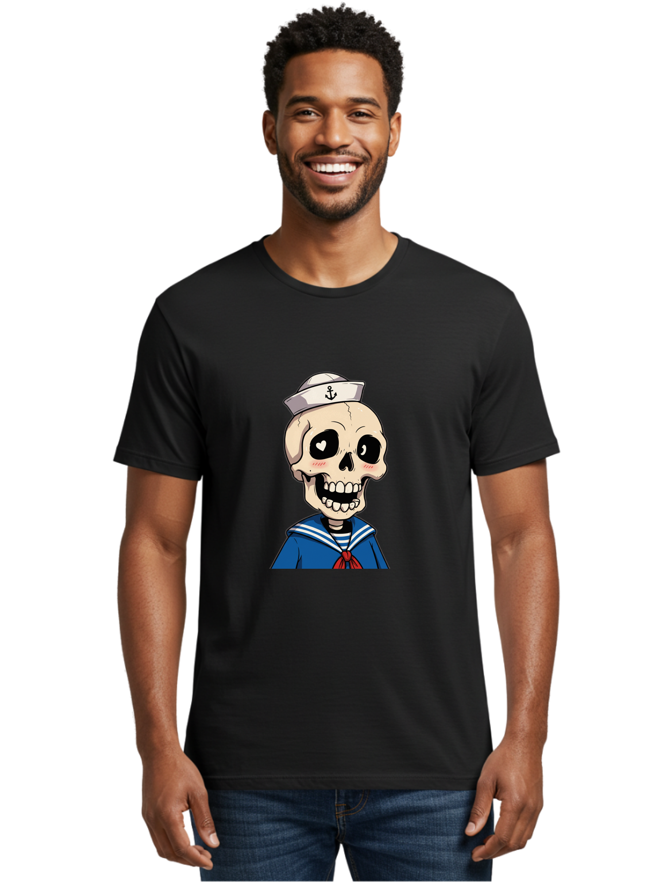 Sailor-Skull Men'S Graphic Tee, 100% Cotton, Comfortable Casual Summer Wear, Machine Washable, Cartoon Skull, Sailor Costume, Nautical Theme, Heart-Shaped Eye, Charming Smile, Kawaii Style, Quirky Character, Skeletal Figure, Anchor Hat, Bae264