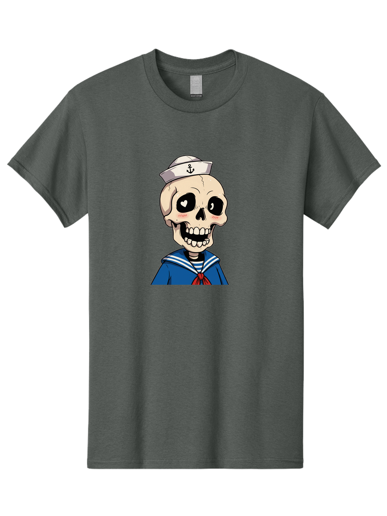 Sailor-Skull Men'S Graphic Tee, 100% Cotton, Comfortable Casual Summer Wear, Machine Washable, Cartoon Skull, Sailor Costume, Nautical Theme, Heart-Shaped Eye, Charming Smile, Kawaii Style, Quirky Character, Skeletal Figure, Anchor Hat, Bae264