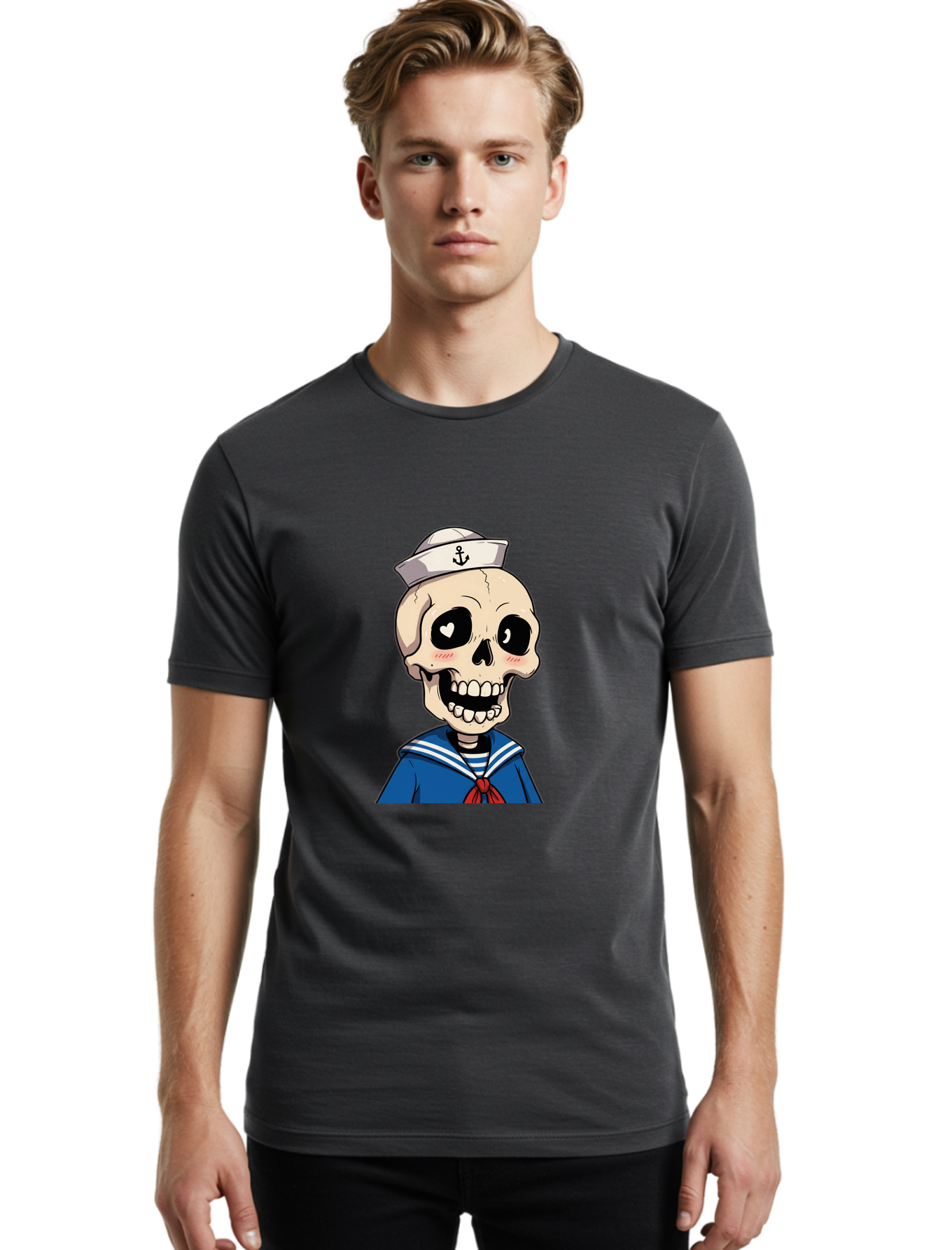 Sailor-Skull Men'S Graphic Tee, 100% Cotton, Comfortable Casual Summer Wear, Machine Washable, Cartoon Skull, Sailor Costume, Nautical Theme, Heart-Shaped Eye, Charming Smile, Kawaii Style, Quirky Character, Skeletal Figure, Anchor Hat, Bae264