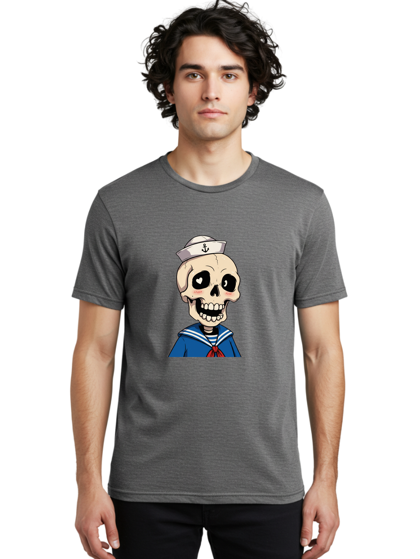 Sailor-Skull Men'S Graphic Tee, 100% Cotton, Comfortable Casual Summer Wear, Machine Washable, Cartoon Skull, Sailor Costume, Nautical Theme, Heart-Shaped Eye, Charming Smile, Kawaii Style, Quirky Character, Skeletal Figure, Anchor Hat, Bae264