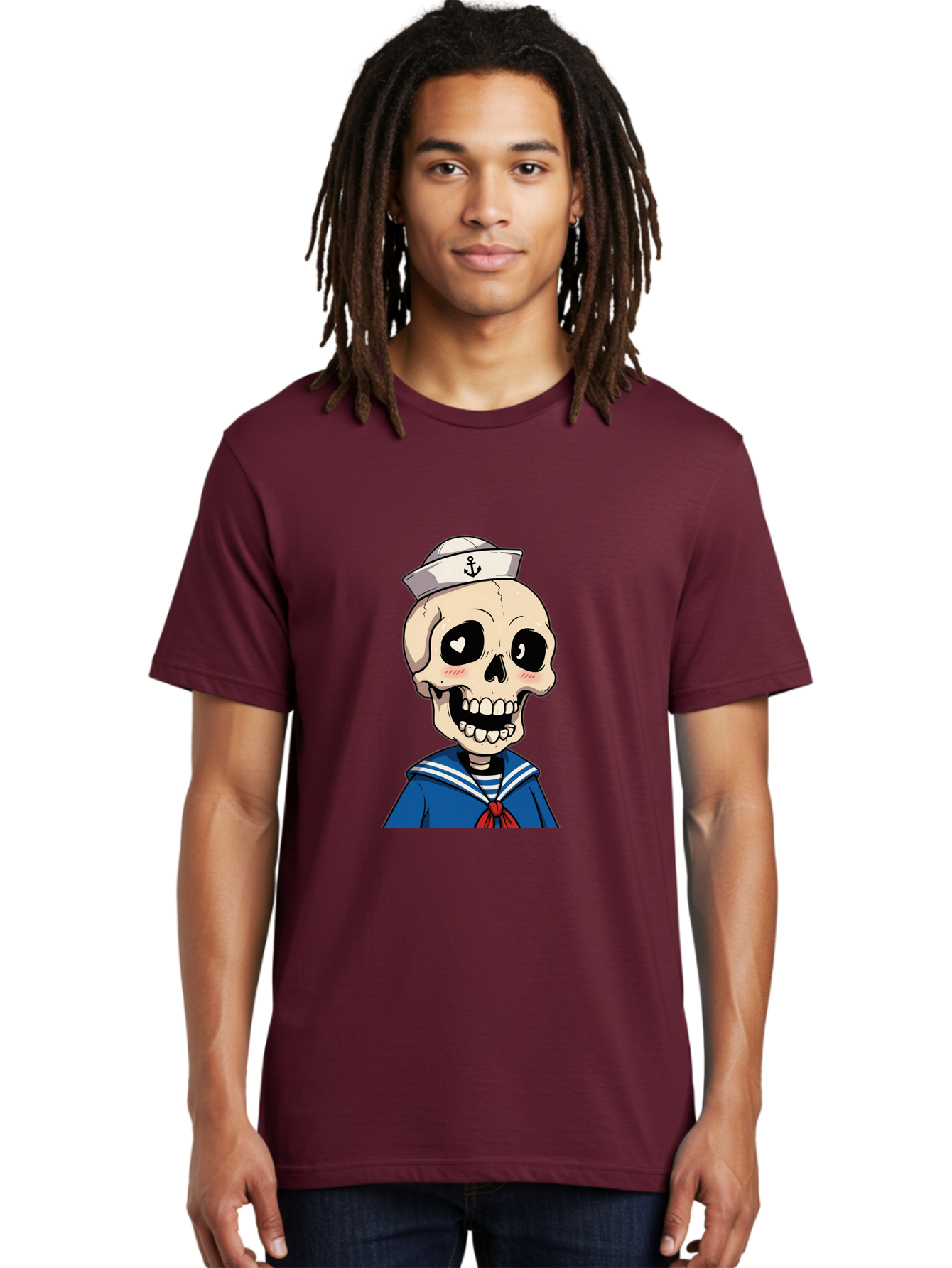 Sailor-Skull Men'S Graphic Tee, 100% Cotton, Comfortable Casual Summer Wear, Machine Washable, Cartoon Skull, Sailor Costume, Nautical Theme, Heart-Shaped Eye, Charming Smile, Kawaii Style, Quirky Character, Skeletal Figure, Anchor Hat, Bae264
