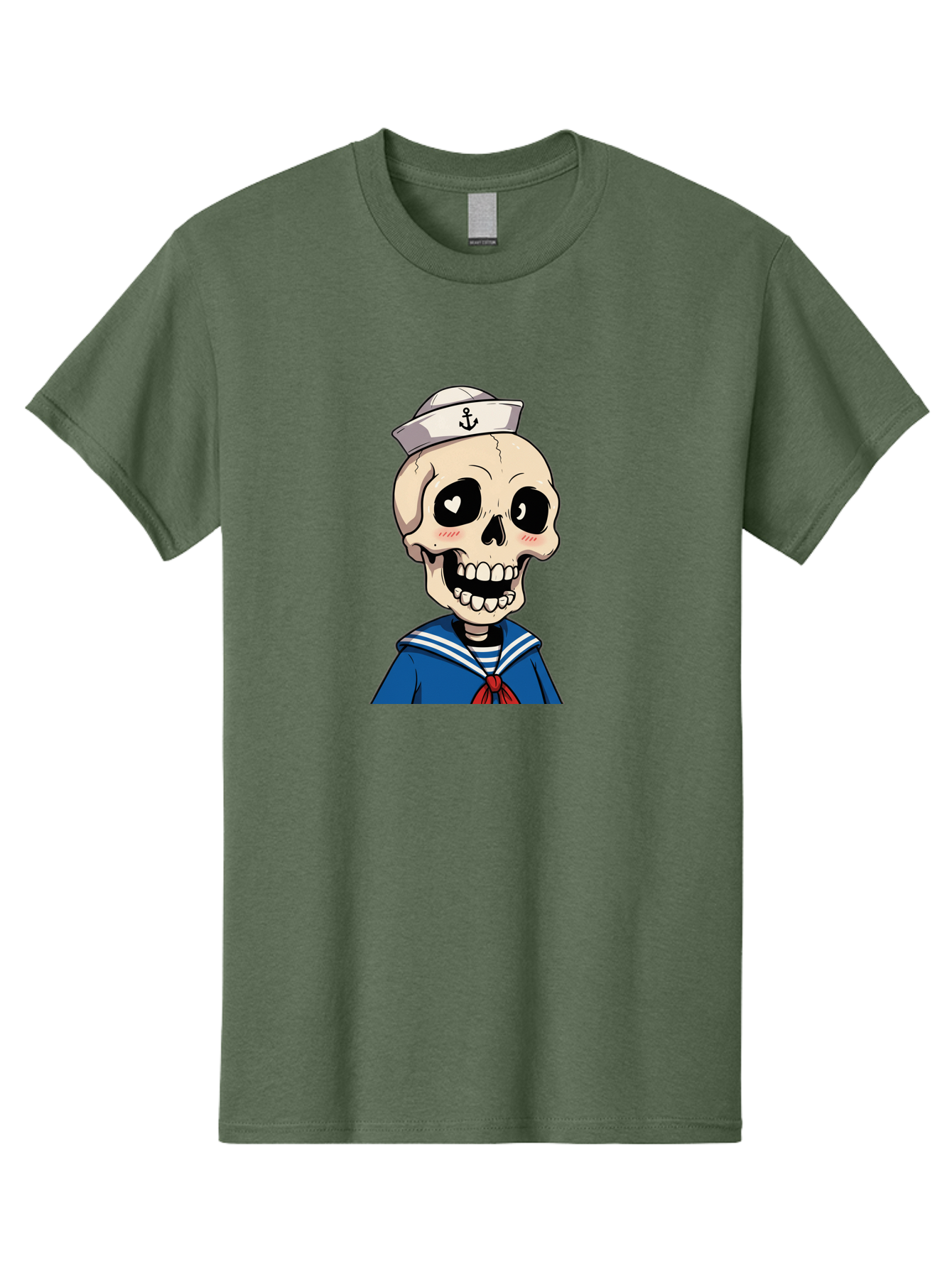 Sailor-Skull Men'S Graphic Tee, 100% Cotton, Comfortable Casual Summer Wear, Machine Washable, Cartoon Skull, Sailor Costume, Nautical Theme, Heart-Shaped Eye, Charming Smile, Kawaii Style, Quirky Character, Skeletal Figure, Anchor Hat, Bae264