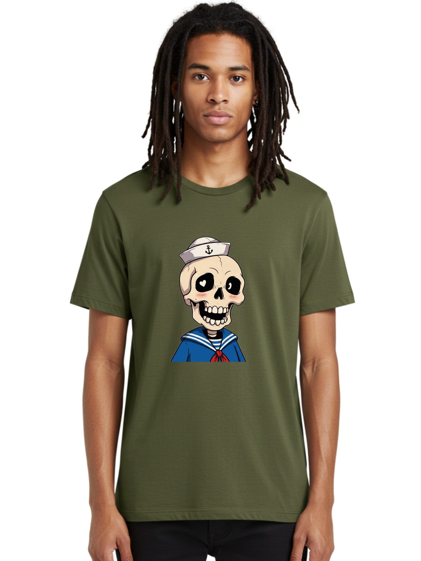 Sailor-Skull Men'S Graphic Tee, 100% Cotton, Comfortable Casual Summer Wear, Machine Washable, Cartoon Skull, Sailor Costume, Nautical Theme, Heart-Shaped Eye, Charming Smile, Kawaii Style, Quirky Character, Skeletal Figure, Anchor Hat, Bae264