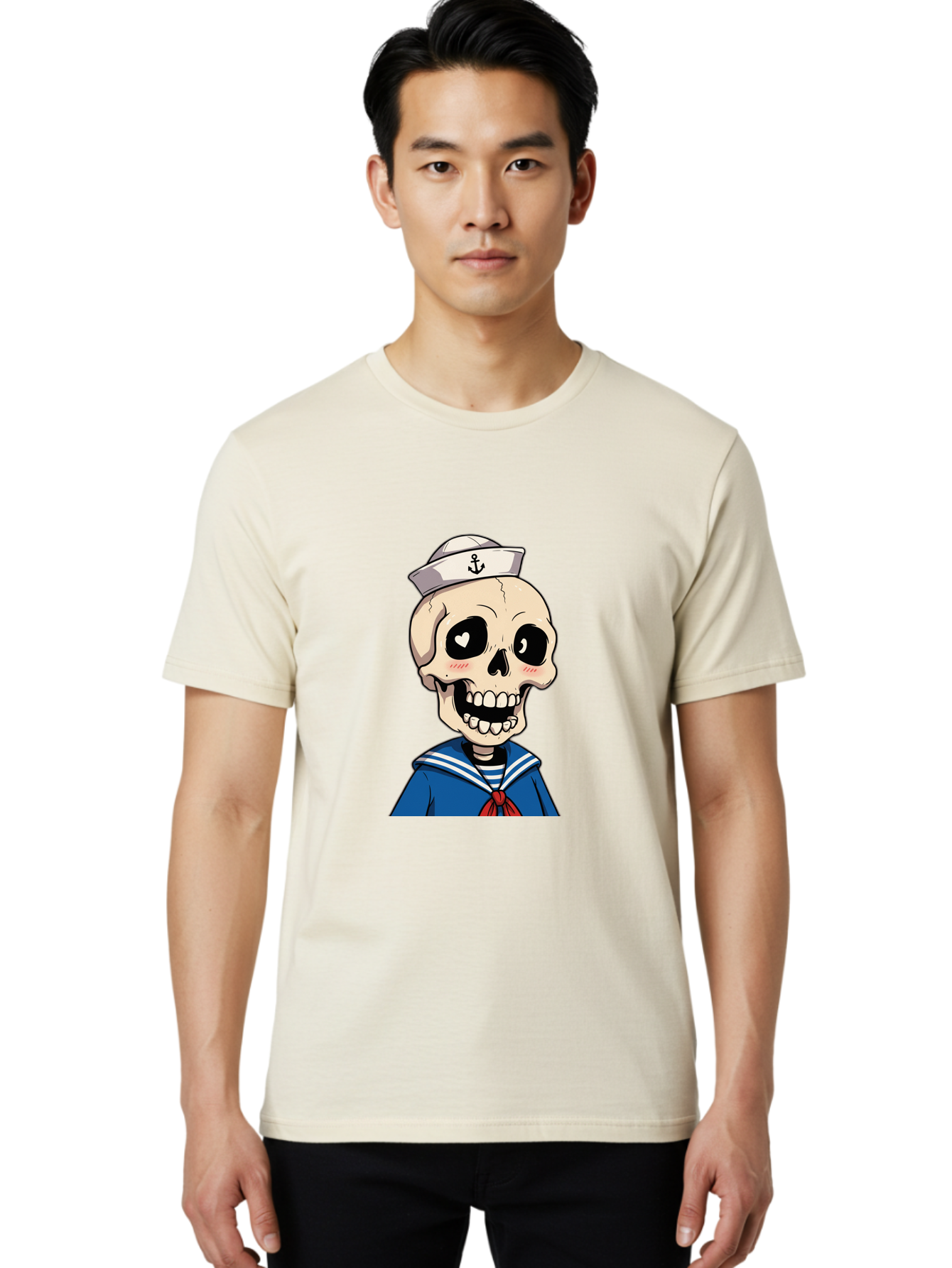 Sailor-Skull Men'S Graphic Tee, 100% Cotton, Comfortable Casual Summer Wear, Machine Washable, Cartoon Skull, Sailor Costume, Nautical Theme, Heart-Shaped Eye, Charming Smile, Kawaii Style, Quirky Character, Skeletal Figure, Anchor Hat, Bae264