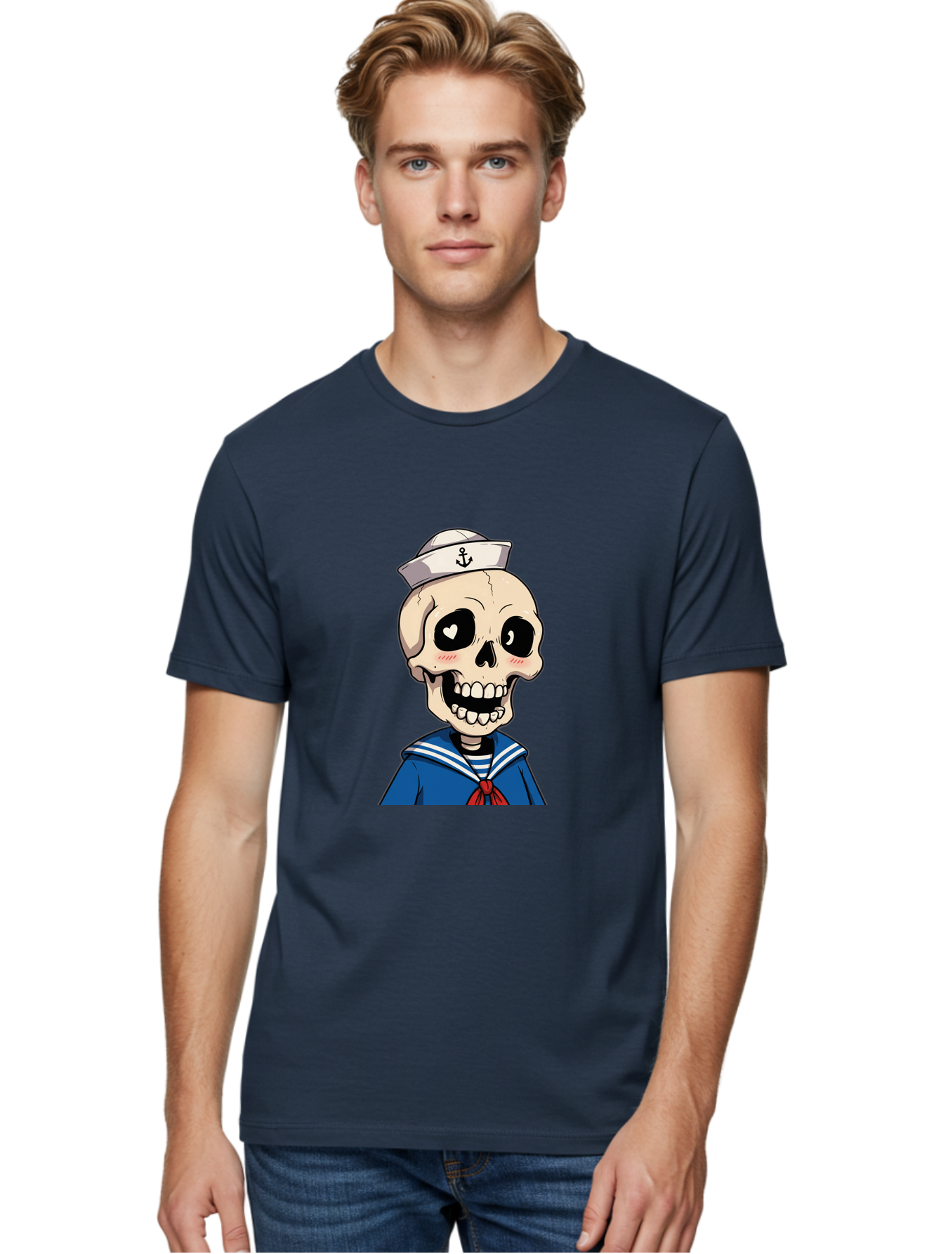 Sailor-Skull Men'S Graphic Tee, 100% Cotton, Comfortable Casual Summer Wear, Machine Washable, Cartoon Skull, Sailor Costume, Nautical Theme, Heart-Shaped Eye, Charming Smile, Kawaii Style, Quirky Character, Skeletal Figure, Anchor Hat, Bae264