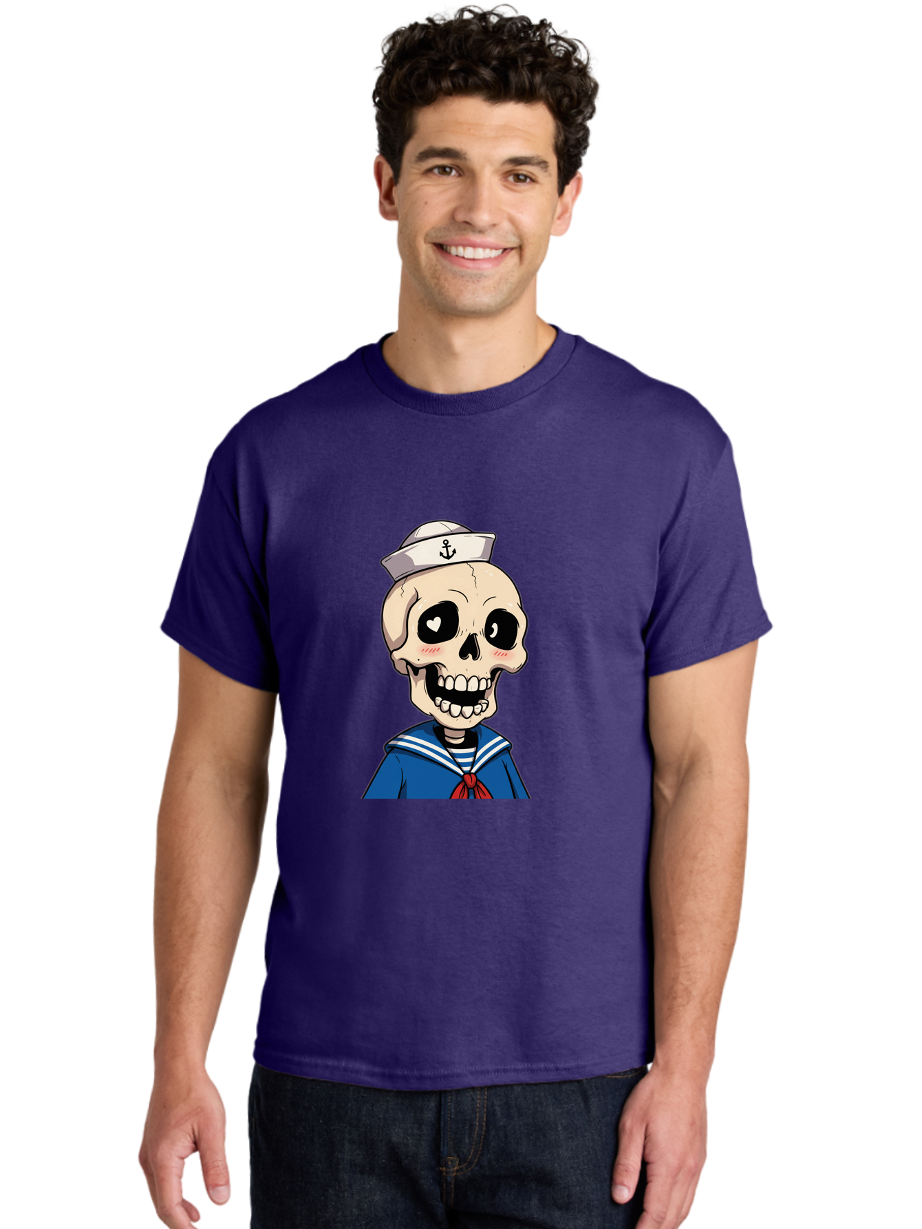 Sailor-Skull Men'S Graphic Tee, 100% Cotton, Comfortable Casual Summer Wear, Machine Washable, Cartoon Skull, Sailor Costume, Nautical Theme, Heart-Shaped Eye, Charming Smile, Kawaii Style, Quirky Character, Skeletal Figure, Anchor Hat, Bae264