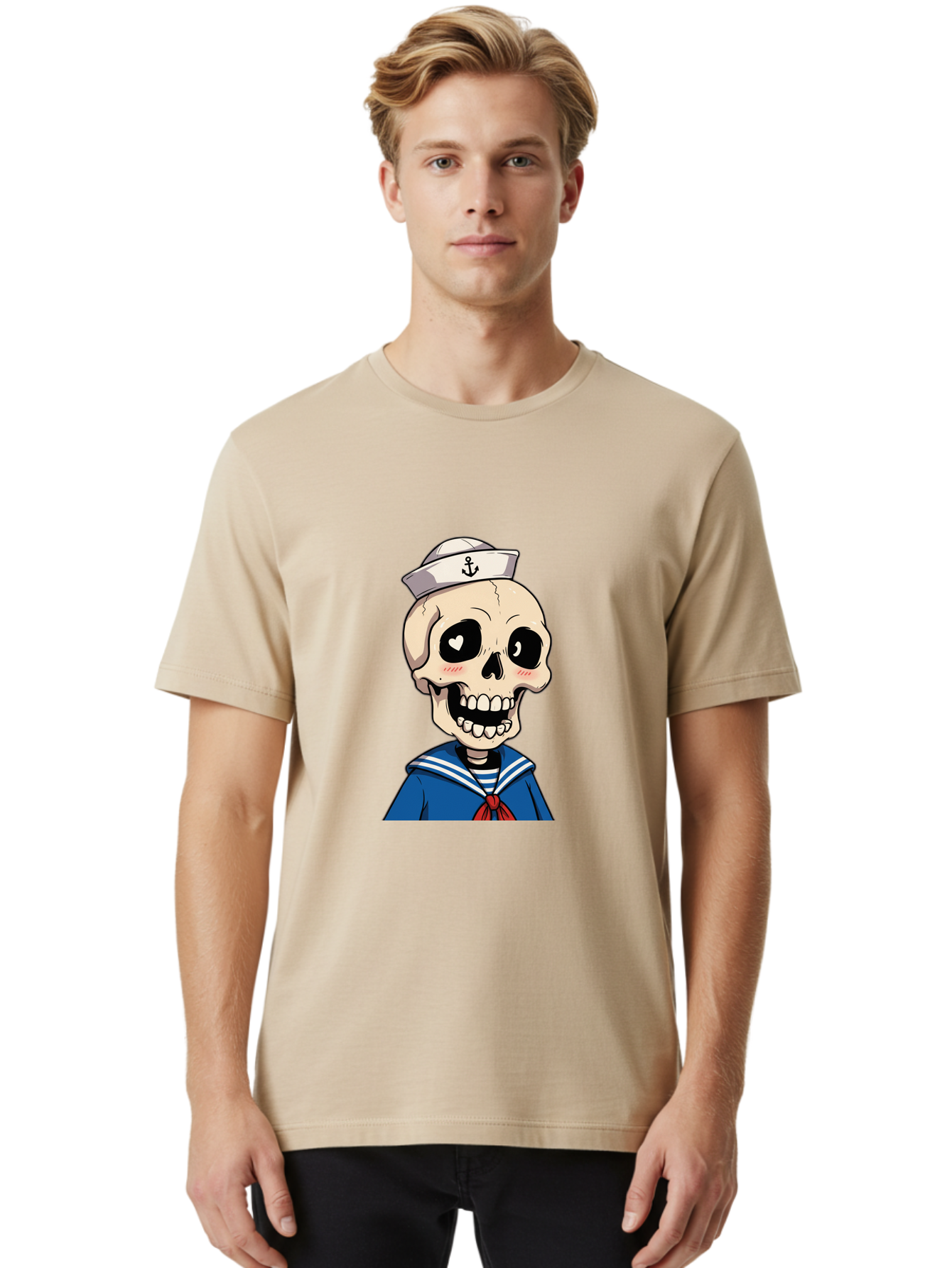 Sailor-Skull Men'S Graphic Tee, 100% Cotton, Comfortable Casual Summer Wear, Machine Washable, Cartoon Skull, Sailor Costume, Nautical Theme, Heart-Shaped Eye, Charming Smile, Kawaii Style, Quirky Character, Skeletal Figure, Anchor Hat, Bae264