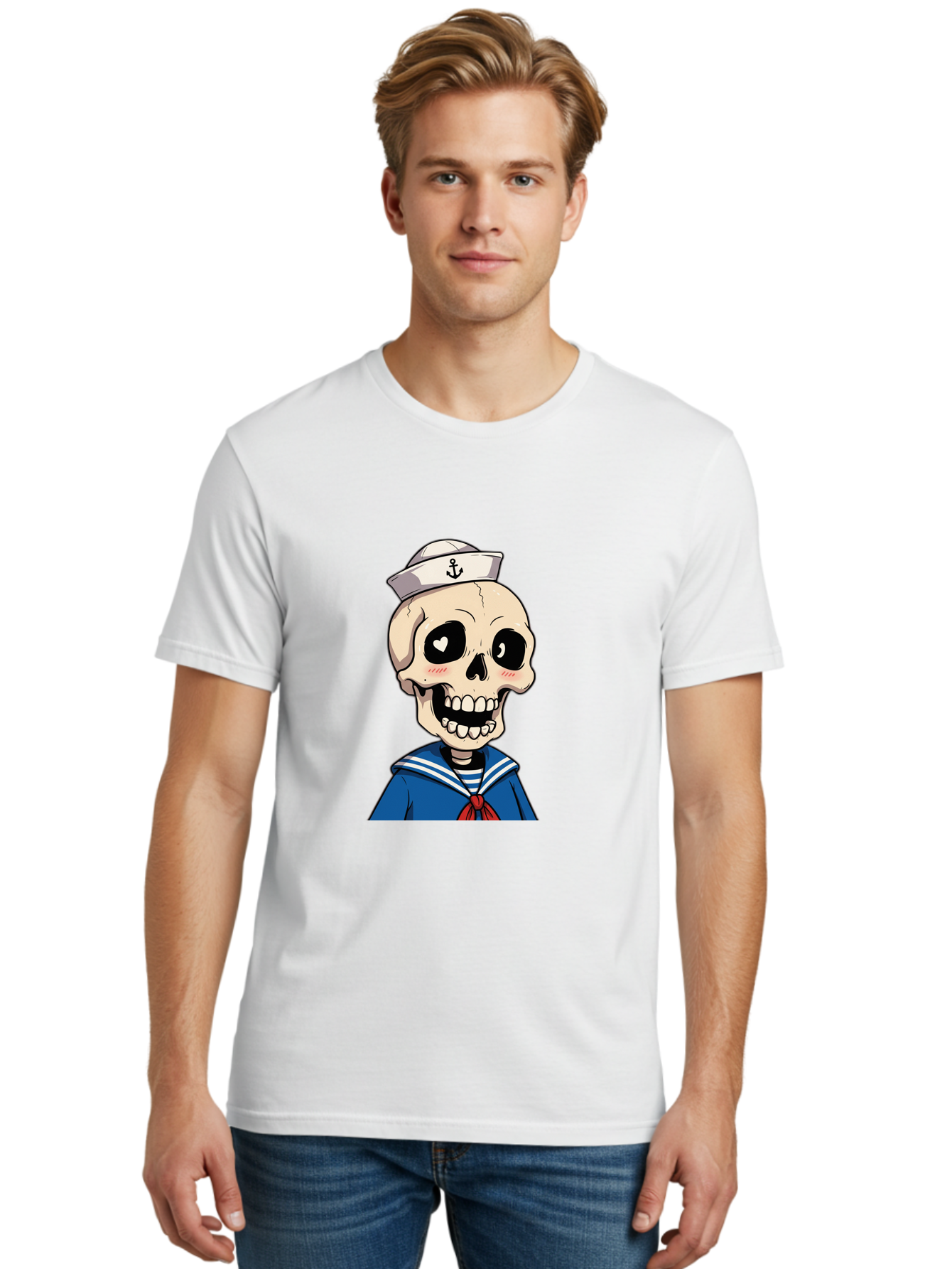 Sailor-Skull Men'S Graphic Tee, 100% Cotton, Comfortable Casual Summer Wear, Machine Washable, Cartoon Skull, Sailor Costume, Nautical Theme, Heart-Shaped Eye, Charming Smile, Kawaii Style, Quirky Character, Skeletal Figure, Anchor Hat, Bae264