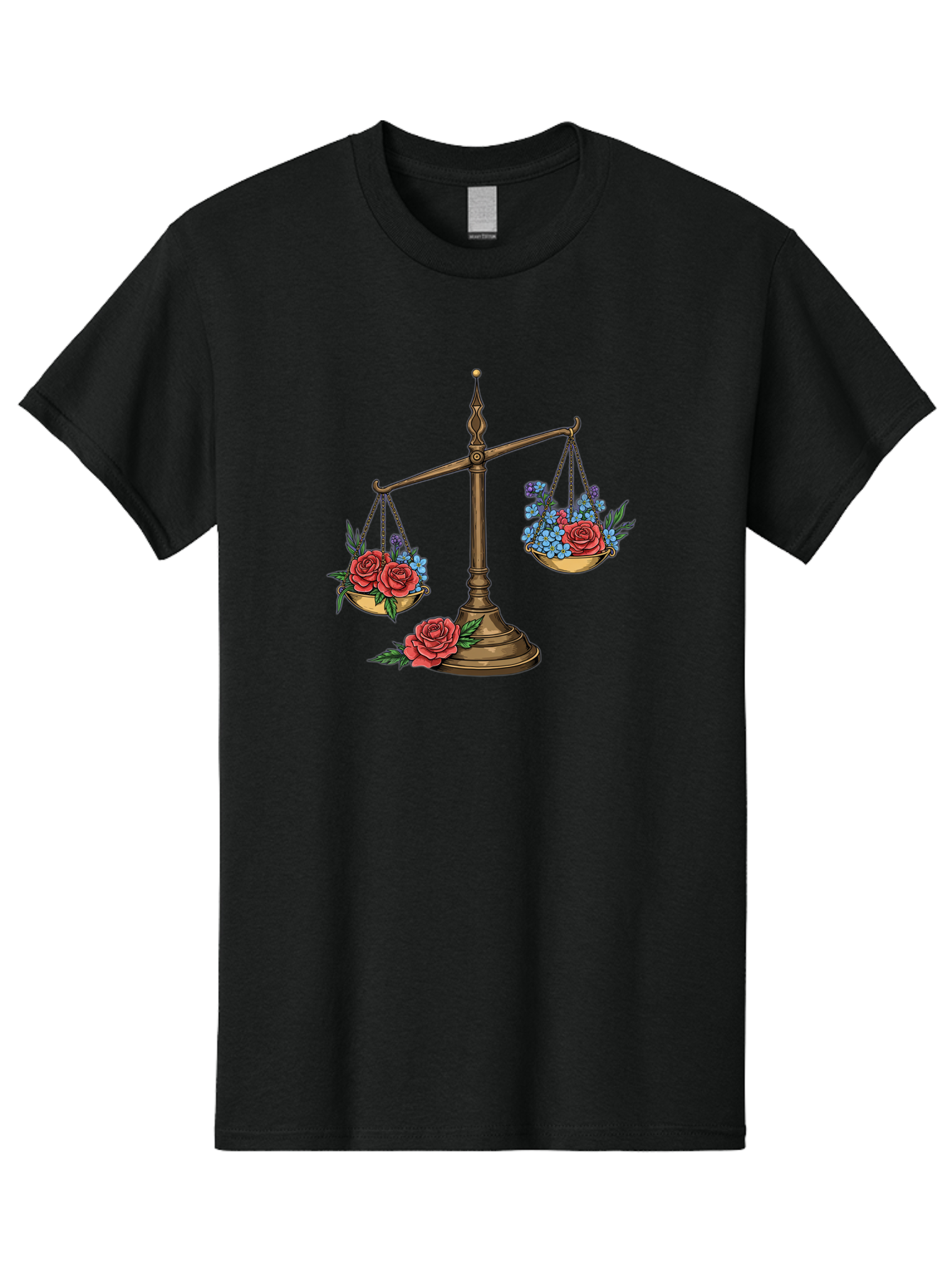 Scale-With-Flowers Men'S Graphic Tee, 100% Cotton, Comfortable Casual Summer Wear, Machine Washable, Vintage Scale, Balance And Harmony, Red Roses And Blue Flowers, Contrasting Colors, Equilibrium, Justice Symbol, Ornate Details, Bae265