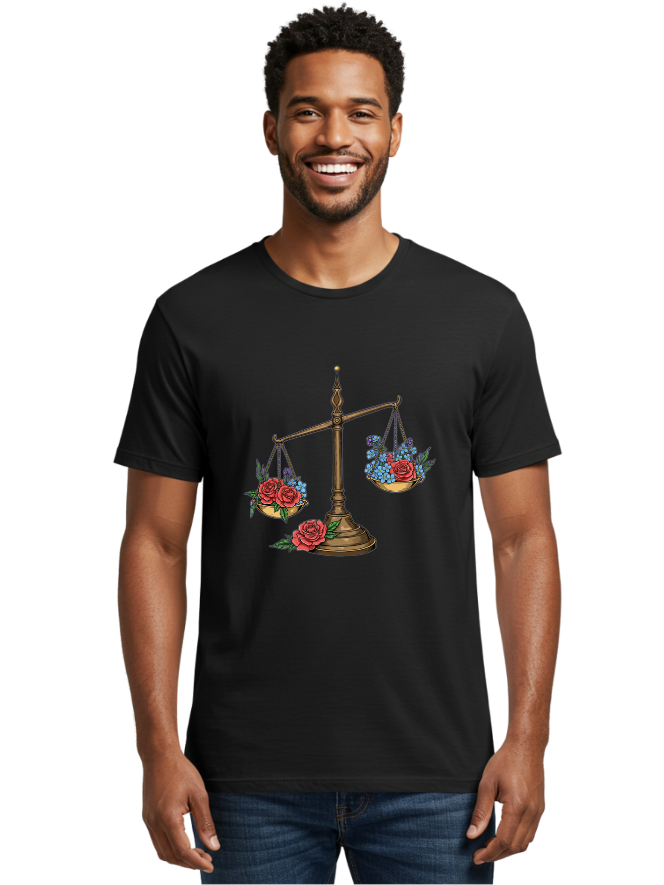 Scale-With-Flowers Men'S Graphic Tee, 100% Cotton, Comfortable Casual Summer Wear, Machine Washable, Vintage Scale, Balance And Harmony, Red Roses And Blue Flowers, Contrasting Colors, Equilibrium, Justice Symbol, Ornate Details, Bae265