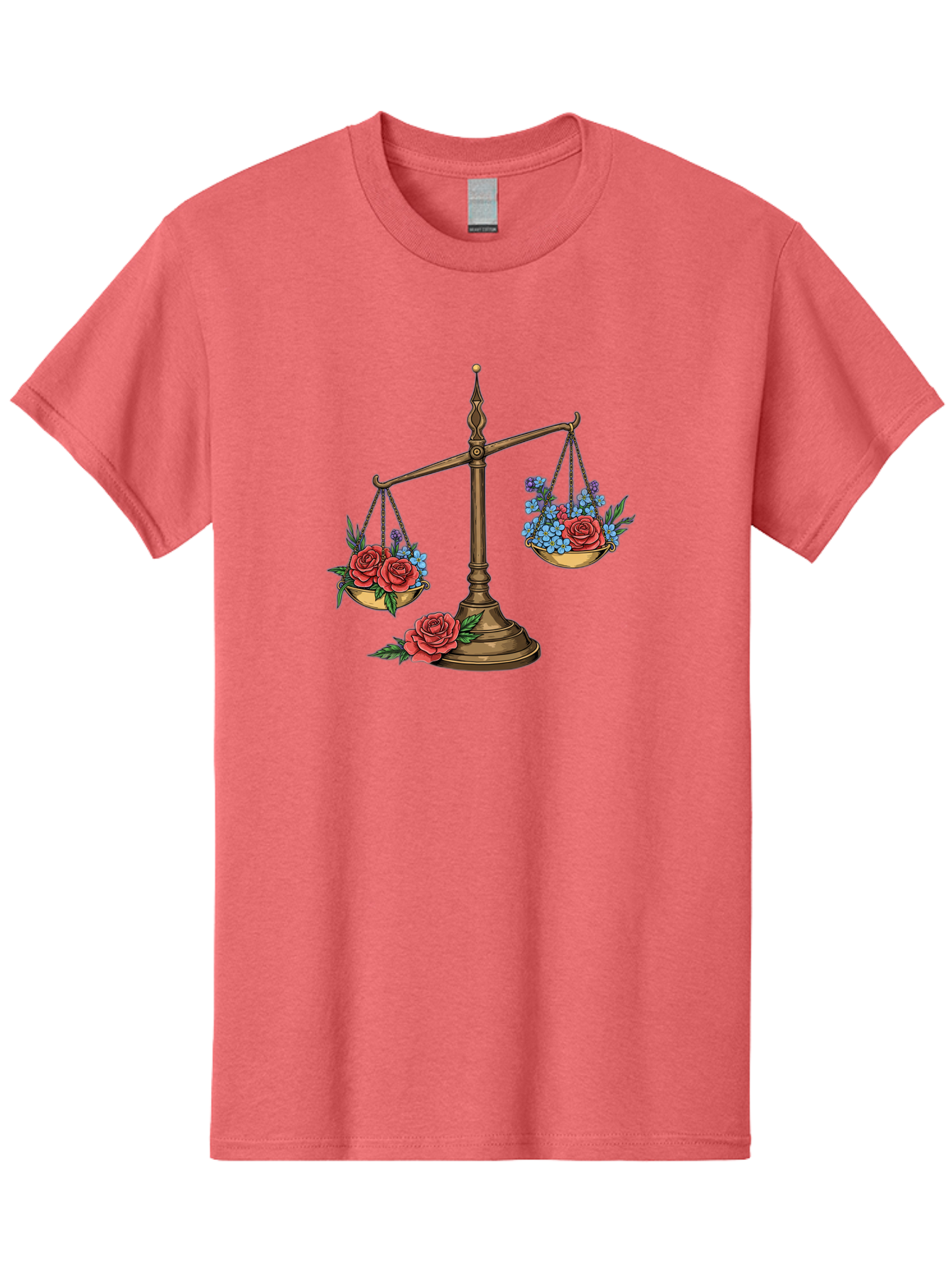 Scale-With-Flowers Men'S Graphic Tee, 100% Cotton, Comfortable Casual Summer Wear, Machine Washable, Vintage Scale, Balance And Harmony, Red Roses And Blue Flowers, Contrasting Colors, Equilibrium, Justice Symbol, Ornate Details, Bae265