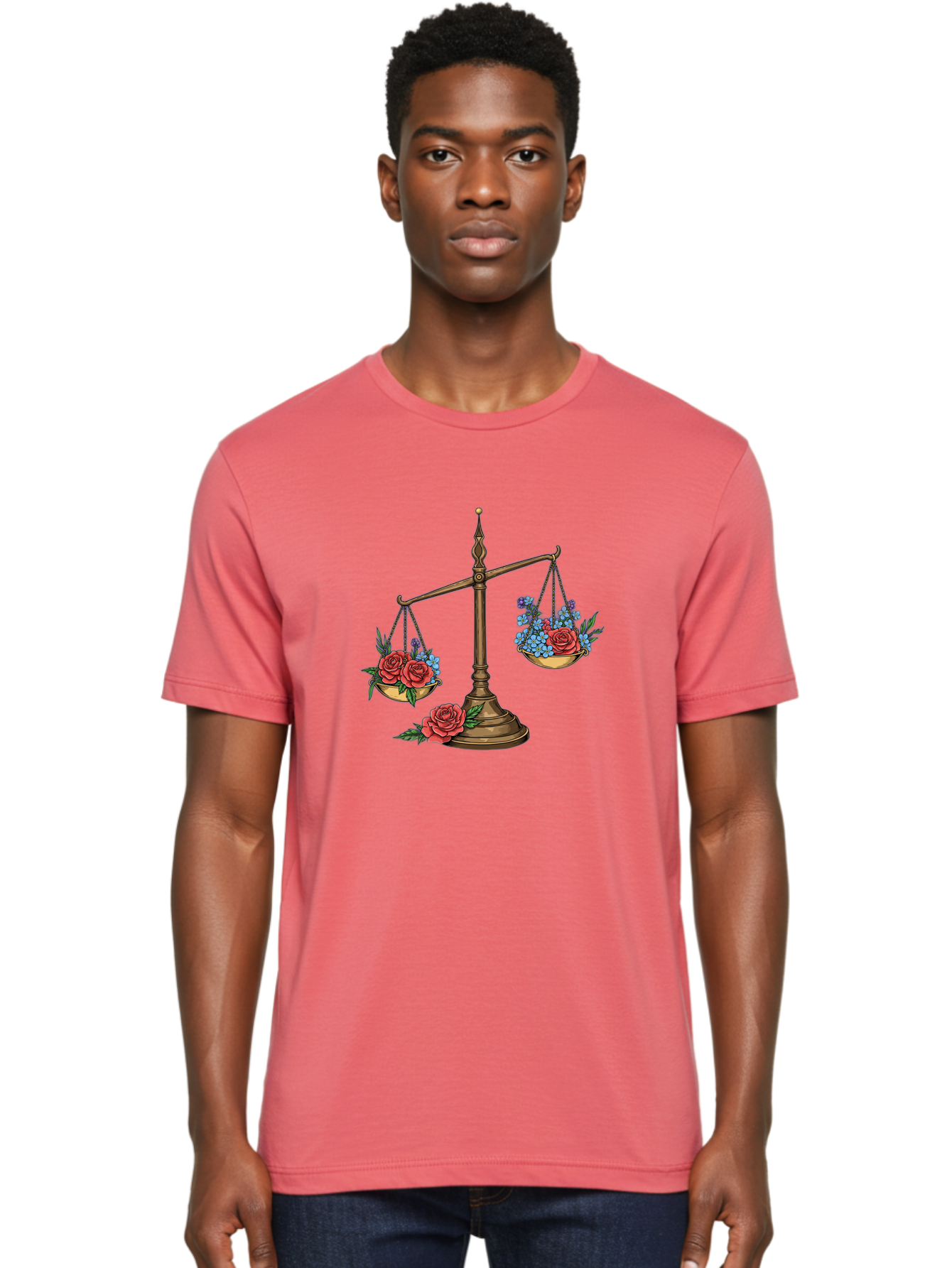 Scale-With-Flowers Men'S Graphic Tee, 100% Cotton, Comfortable Casual Summer Wear, Machine Washable, Vintage Scale, Balance And Harmony, Red Roses And Blue Flowers, Contrasting Colors, Equilibrium, Justice Symbol, Ornate Details, Bae265