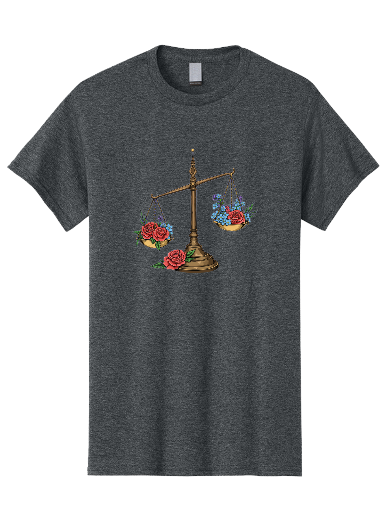 Scale-With-Flowers Men'S Graphic Tee, 100% Cotton, Comfortable Casual Summer Wear, Machine Washable, Vintage Scale, Balance And Harmony, Red Roses And Blue Flowers, Contrasting Colors, Equilibrium, Justice Symbol, Ornate Details, Bae265
