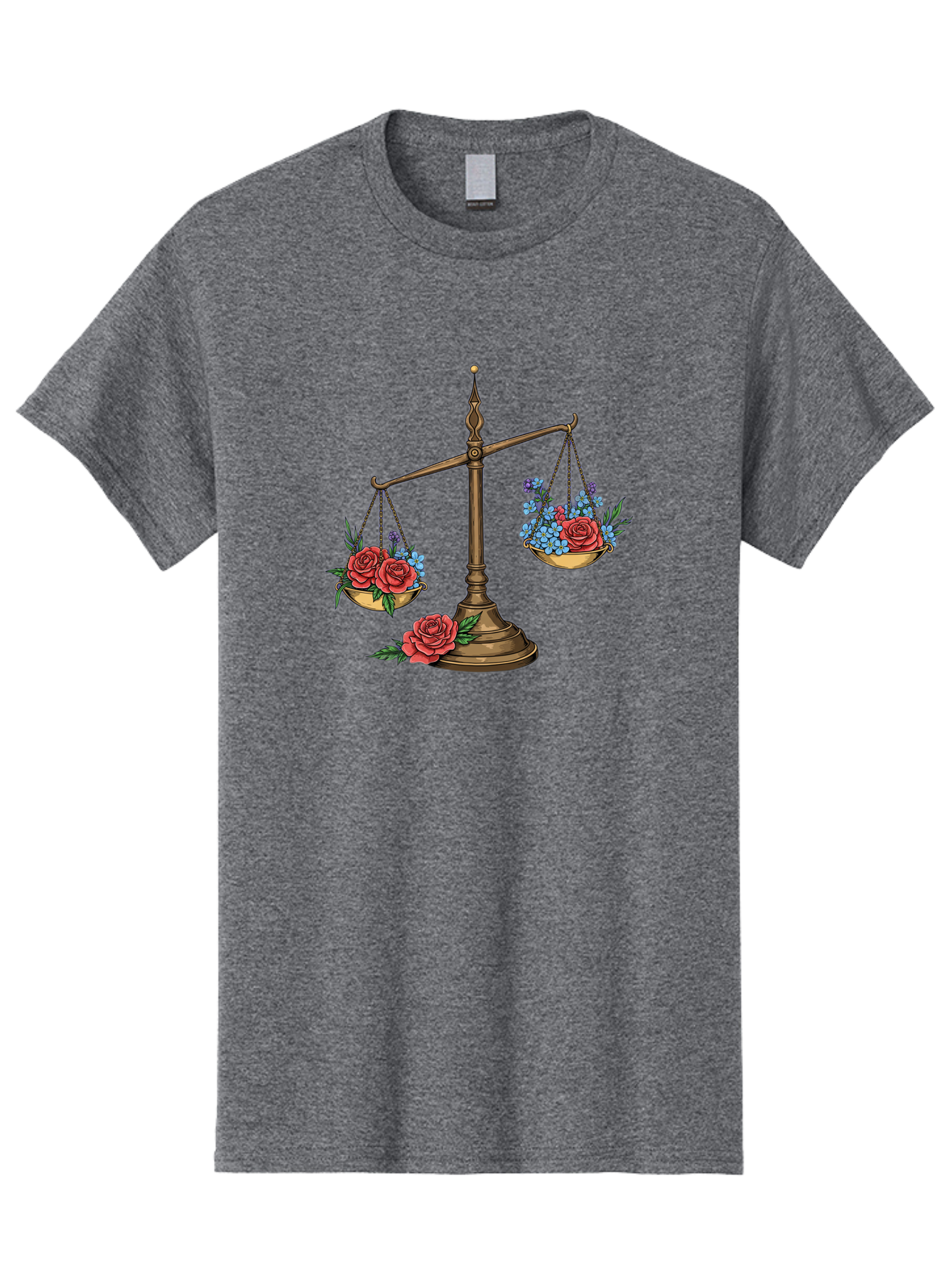 Scale-With-Flowers Men'S Graphic Tee, 100% Cotton, Comfortable Casual Summer Wear, Machine Washable, Vintage Scale, Balance And Harmony, Red Roses And Blue Flowers, Contrasting Colors, Equilibrium, Justice Symbol, Ornate Details, Bae265