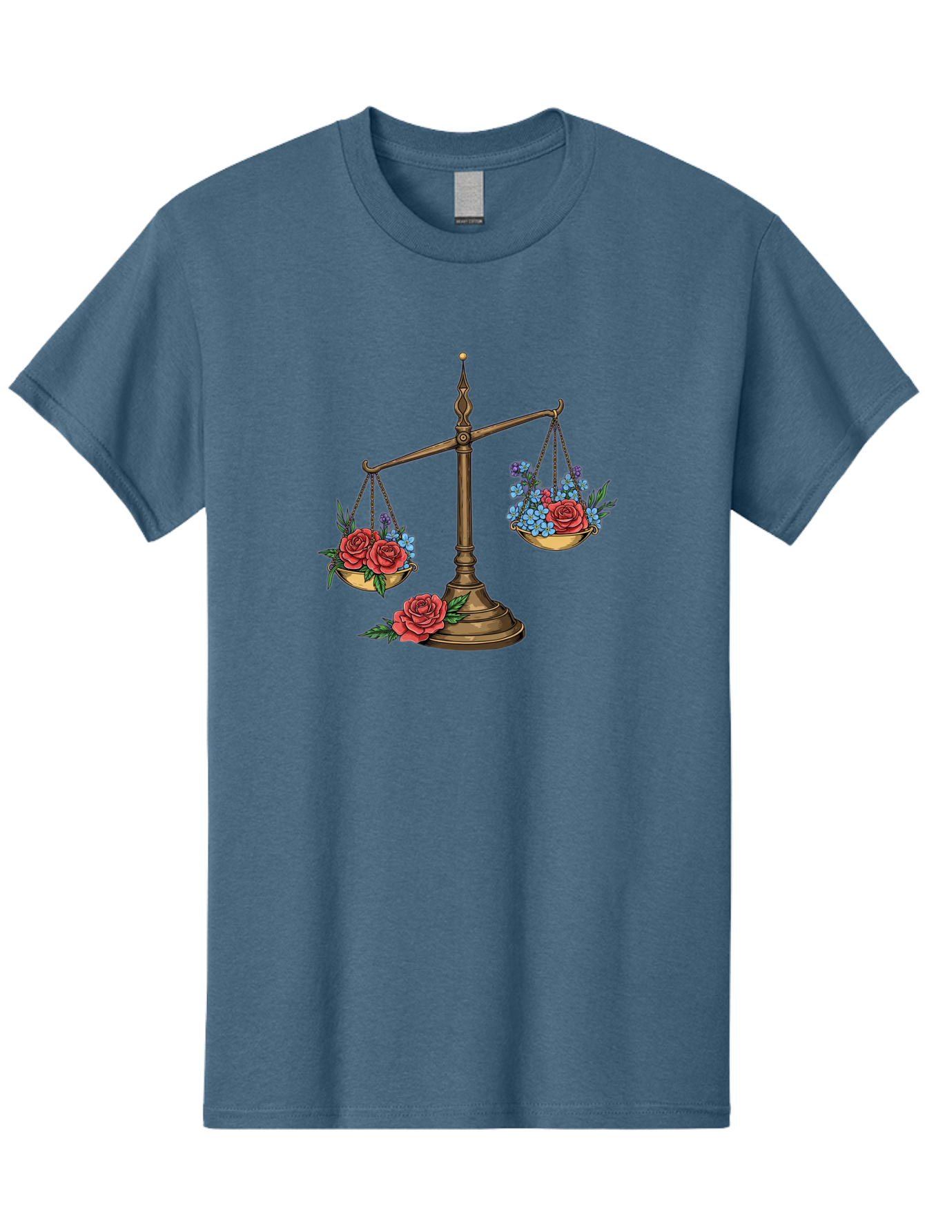 Scale-With-Flowers Men'S Graphic Tee, 100% Cotton, Comfortable Casual Summer Wear, Machine Washable, Vintage Scale, Balance And Harmony, Red Roses And Blue Flowers, Contrasting Colors, Equilibrium, Justice Symbol, Ornate Details, Bae265