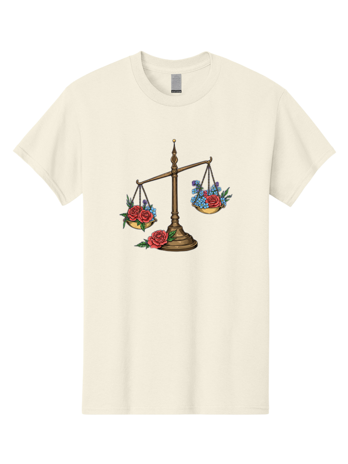 Scale-With-Flowers Men'S Graphic Tee, 100% Cotton, Comfortable Casual Summer Wear, Machine Washable, Vintage Scale, Balance And Harmony, Red Roses And Blue Flowers, Contrasting Colors, Equilibrium, Justice Symbol, Ornate Details, Bae265