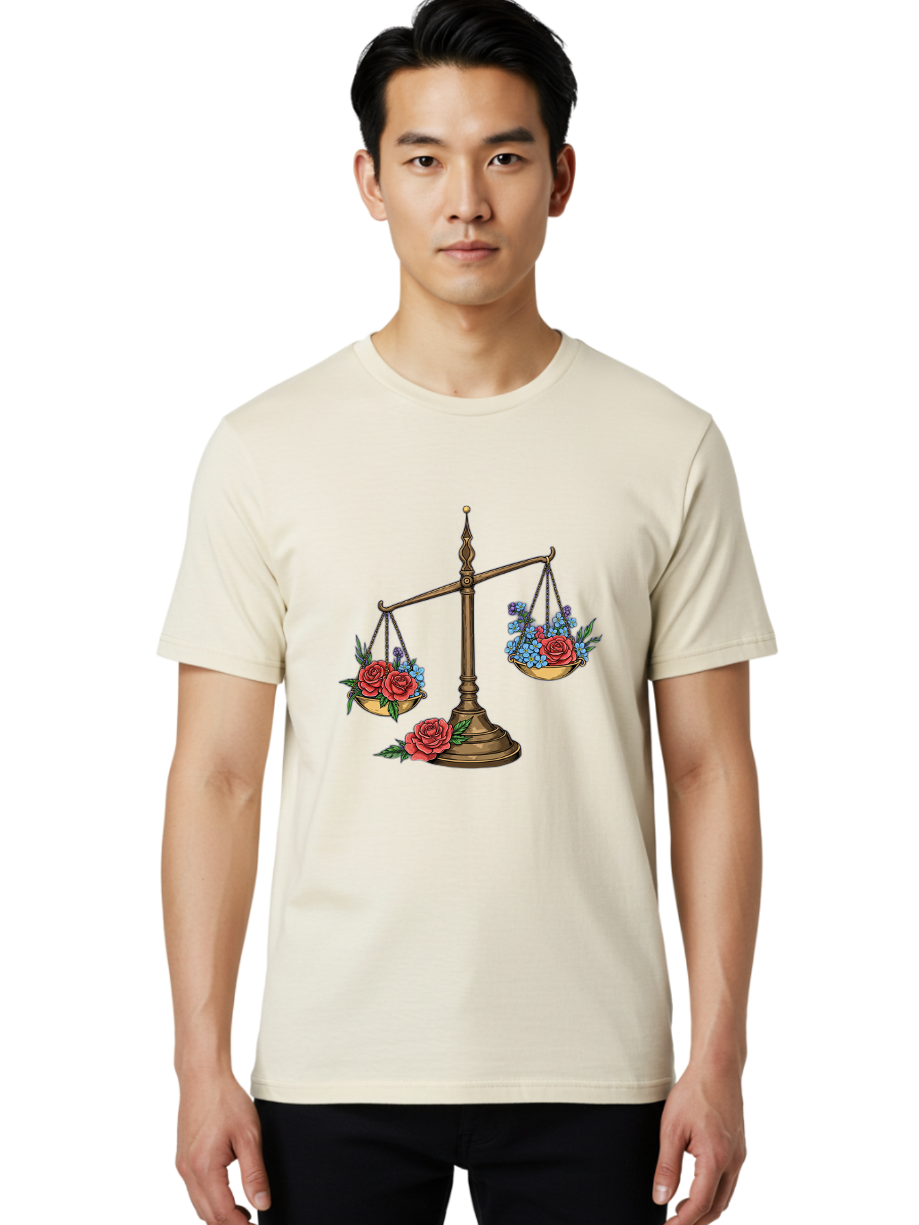 Scale-With-Flowers Men'S Graphic Tee, 100% Cotton, Comfortable Casual Summer Wear, Machine Washable, Vintage Scale, Balance And Harmony, Red Roses And Blue Flowers, Contrasting Colors, Equilibrium, Justice Symbol, Ornate Details, Bae265