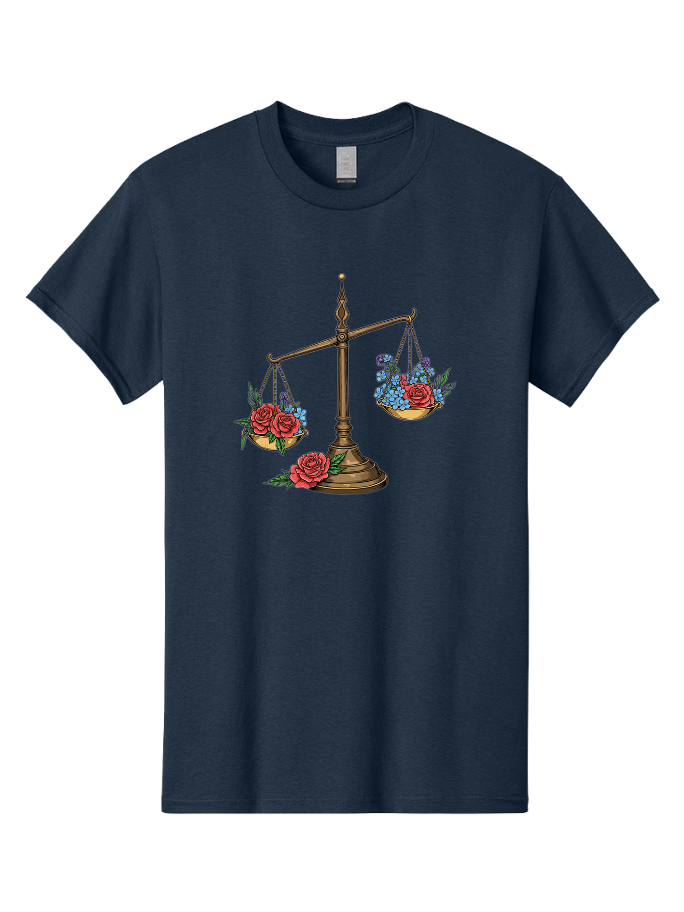 Scale-With-Flowers Men'S Graphic Tee, 100% Cotton, Comfortable Casual Summer Wear, Machine Washable, Vintage Scale, Balance And Harmony, Red Roses And Blue Flowers, Contrasting Colors, Equilibrium, Justice Symbol, Ornate Details, Bae265
