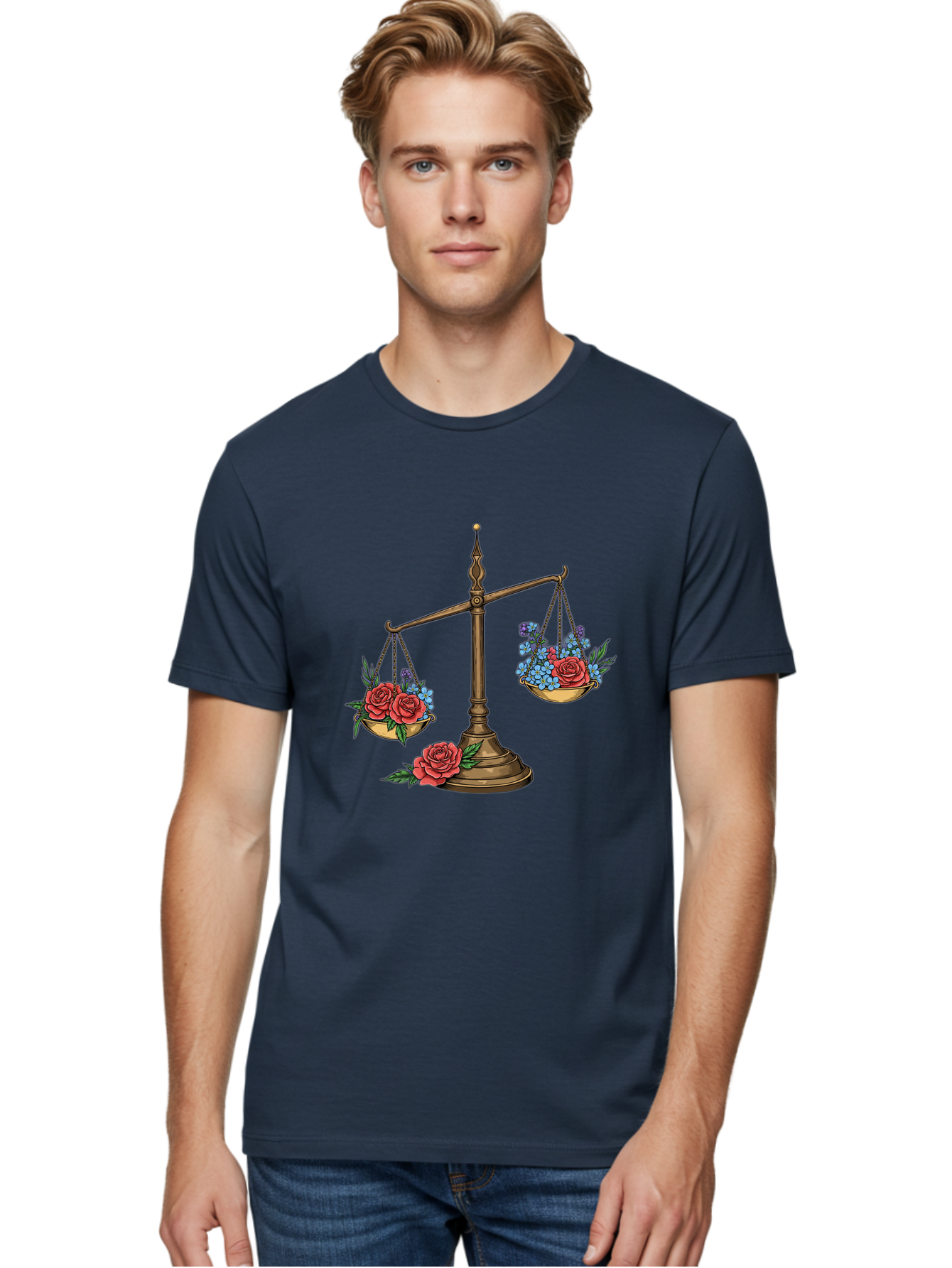 Scale-With-Flowers Men'S Graphic Tee, 100% Cotton, Comfortable Casual Summer Wear, Machine Washable, Vintage Scale, Balance And Harmony, Red Roses And Blue Flowers, Contrasting Colors, Equilibrium, Justice Symbol, Ornate Details, Bae265