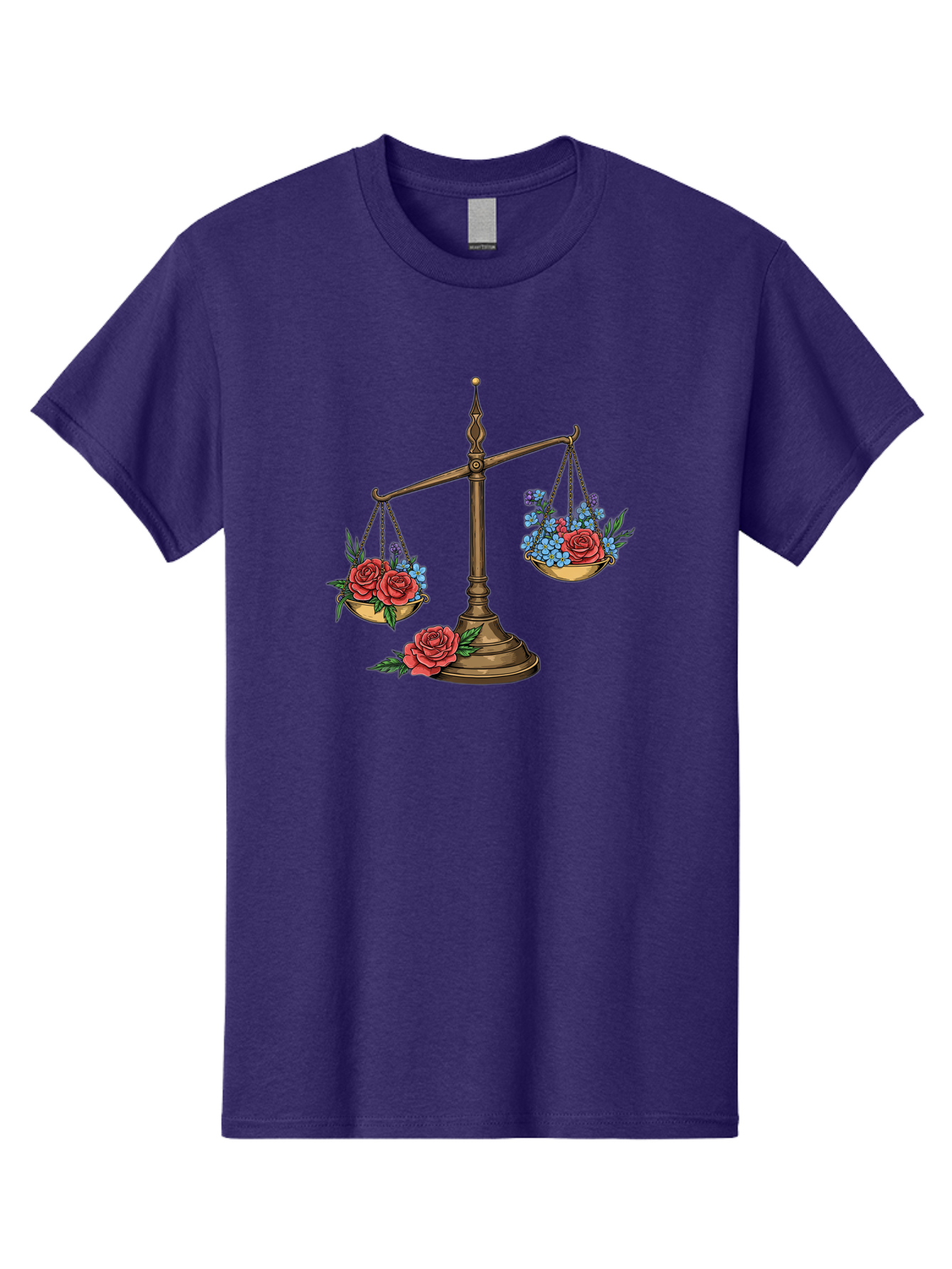 Scale-With-Flowers Men'S Graphic Tee, 100% Cotton, Comfortable Casual Summer Wear, Machine Washable, Vintage Scale, Balance And Harmony, Red Roses And Blue Flowers, Contrasting Colors, Equilibrium, Justice Symbol, Ornate Details, Bae265