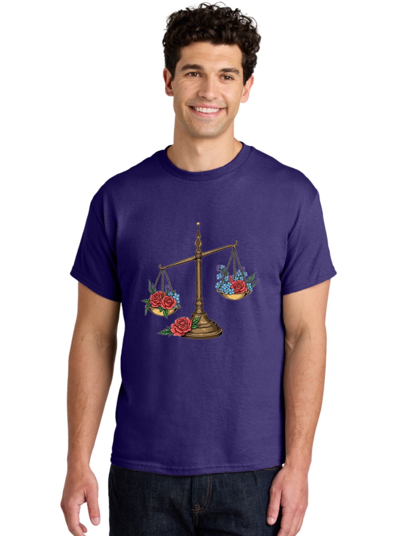 Scale-With-Flowers Men'S Graphic Tee, 100% Cotton, Comfortable Casual Summer Wear, Machine Washable, Vintage Scale, Balance And Harmony, Red Roses And Blue Flowers, Contrasting Colors, Equilibrium, Justice Symbol, Ornate Details, Bae265