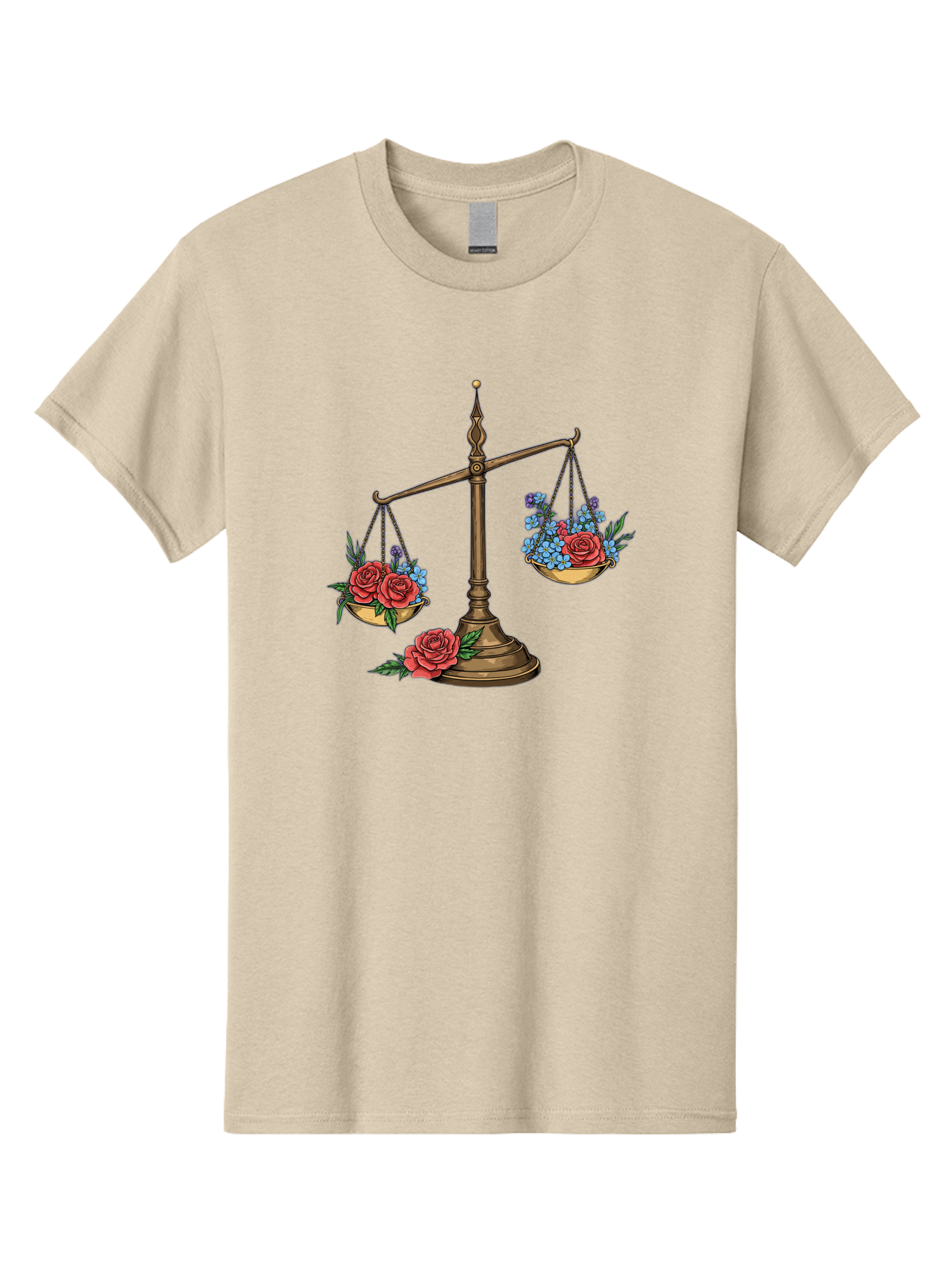 Scale-With-Flowers Men'S Graphic Tee, 100% Cotton, Comfortable Casual Summer Wear, Machine Washable, Vintage Scale, Balance And Harmony, Red Roses And Blue Flowers, Contrasting Colors, Equilibrium, Justice Symbol, Ornate Details, Bae265