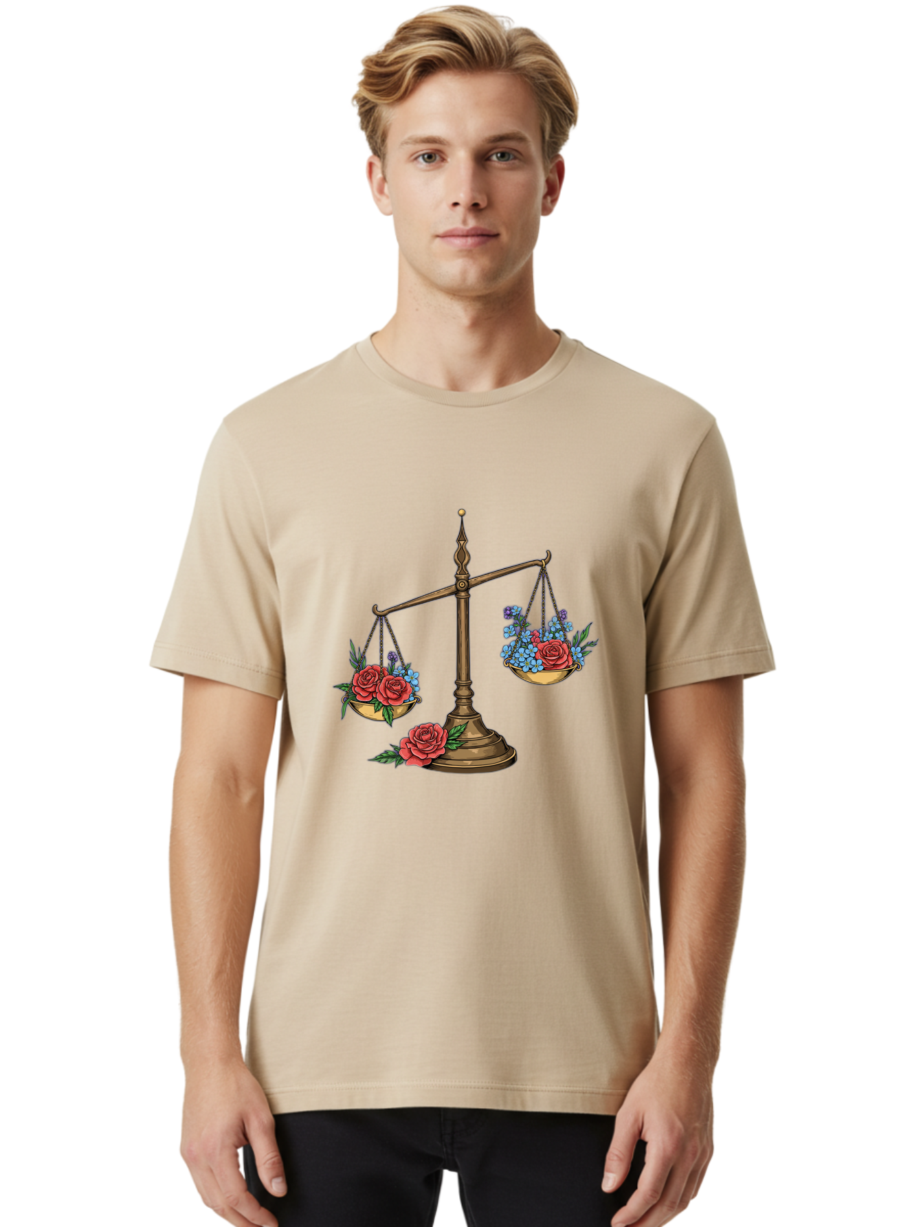 Scale-With-Flowers Men'S Graphic Tee, 100% Cotton, Comfortable Casual Summer Wear, Machine Washable, Vintage Scale, Balance And Harmony, Red Roses And Blue Flowers, Contrasting Colors, Equilibrium, Justice Symbol, Ornate Details, Bae265