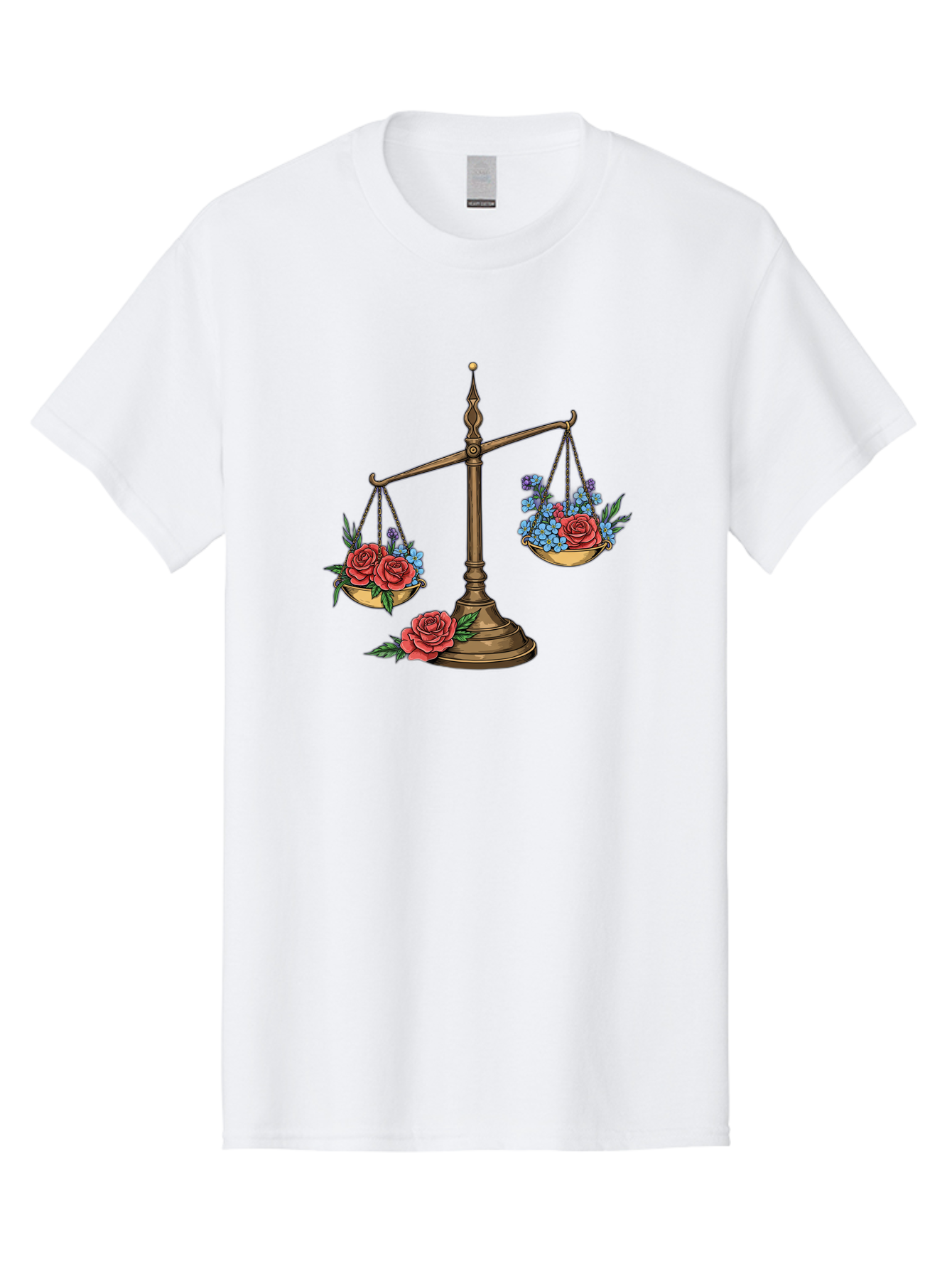 Scale-With-Flowers Men'S Graphic Tee, 100% Cotton, Comfortable Casual Summer Wear, Machine Washable, Vintage Scale, Balance And Harmony, Red Roses And Blue Flowers, Contrasting Colors, Equilibrium, Justice Symbol, Ornate Details, Bae265