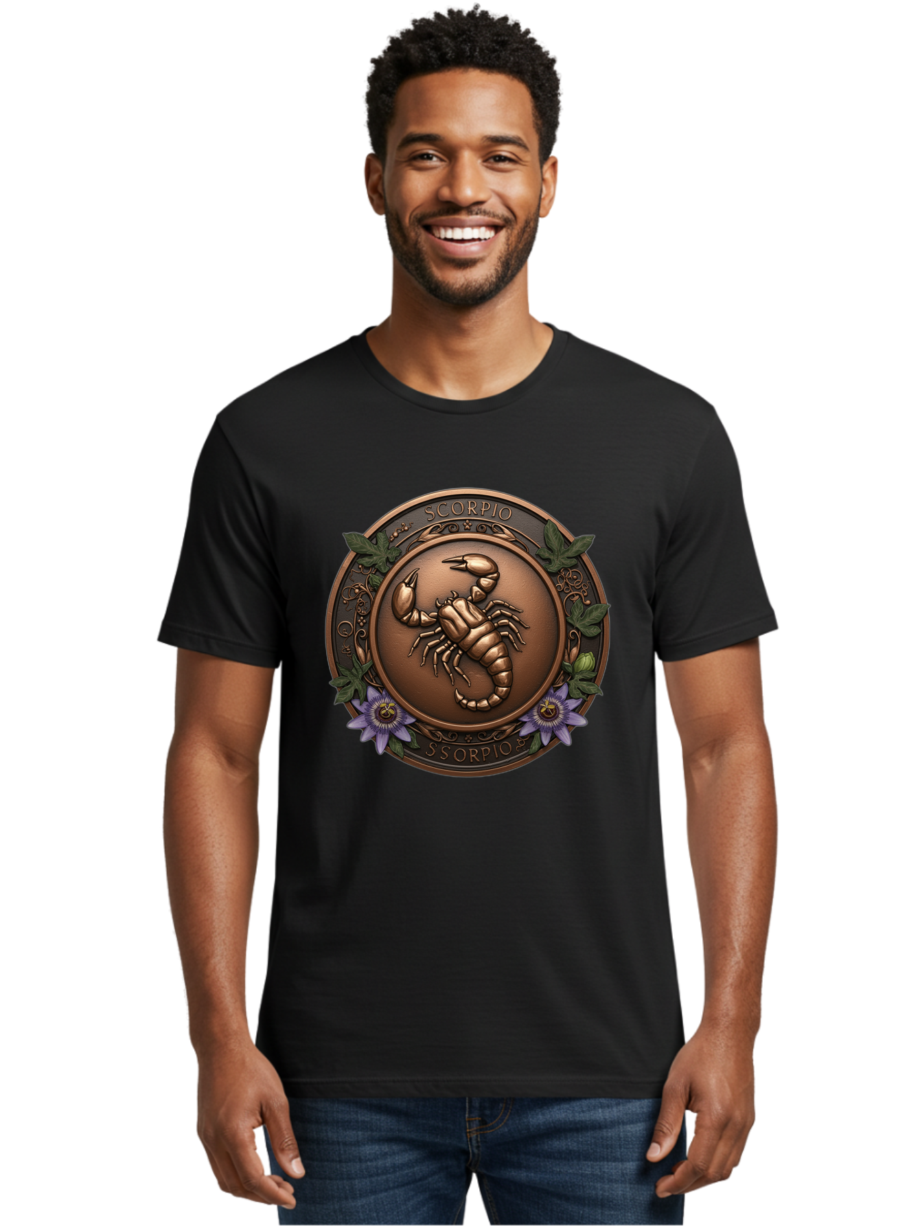 Scorpio-1 Men'S Graphic Tee, 100% Cotton, Comfortable Casual Summer Wear, Machine Washable, Scorpion Symbol, Zodiac Sign, Astrological Emblem, Bronze Medal, Scorpio, Mysterious, Astrology, Mystic, Flower, Leaves, Scorpion Motif Bae267