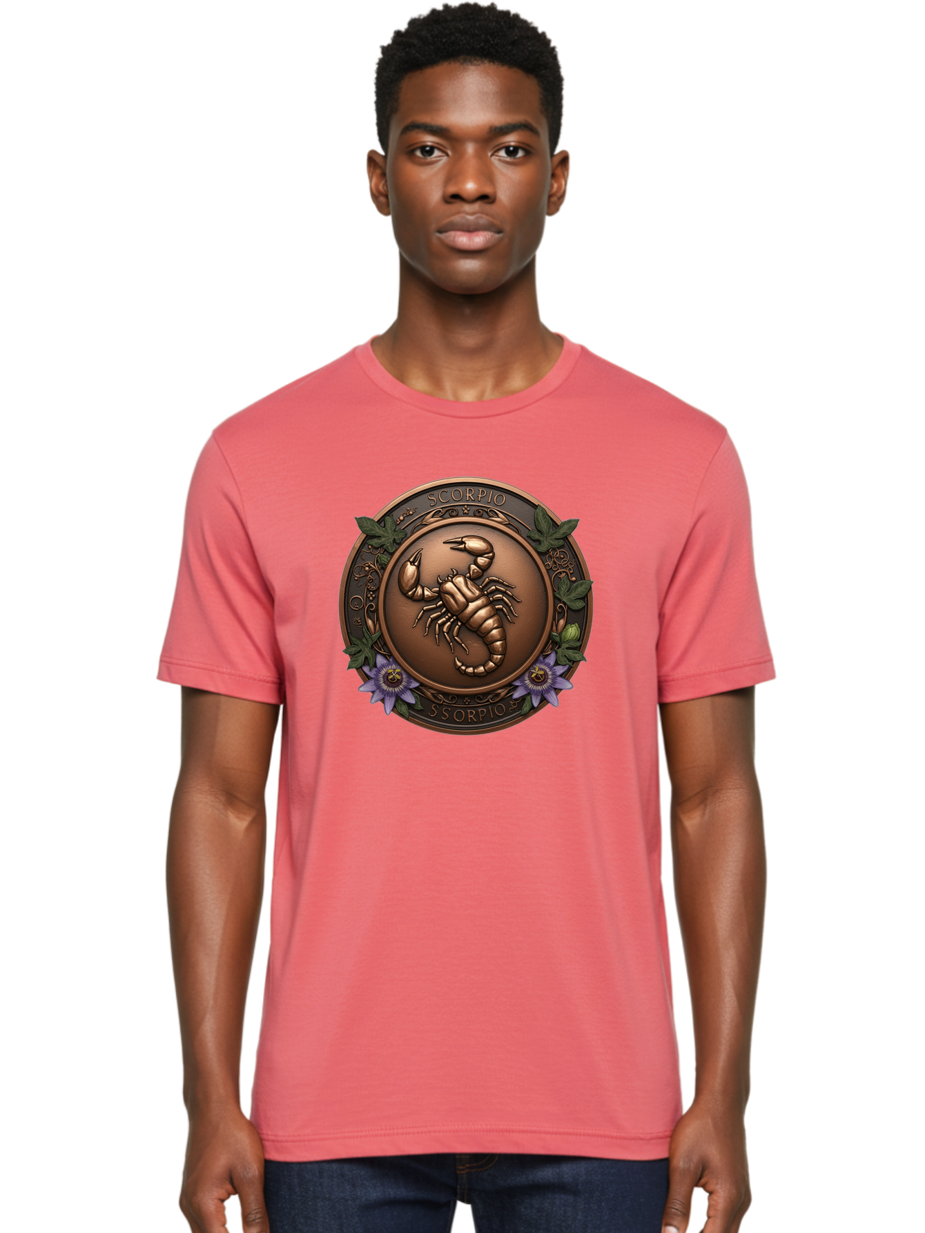 Scorpio-1 Men'S Graphic Tee, 100% Cotton, Comfortable Casual Summer Wear, Machine Washable, Scorpion Symbol, Zodiac Sign, Astrological Emblem, Bronze Medal, Scorpio, Mysterious, Astrology, Mystic, Flower, Leaves, Scorpion Motif Bae267