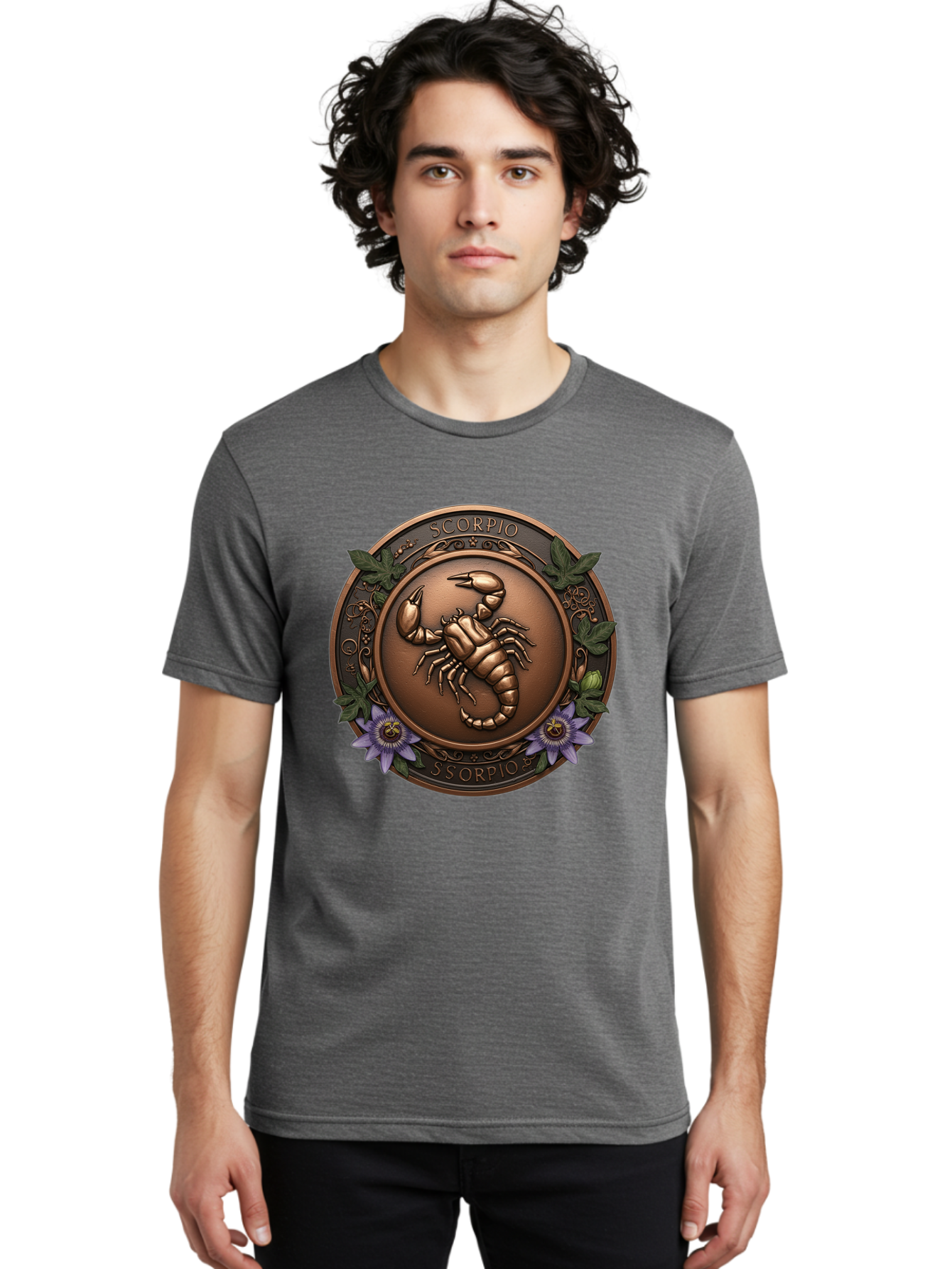Scorpio-1 Men'S Graphic Tee, 100% Cotton, Comfortable Casual Summer Wear, Machine Washable, Scorpion Symbol, Zodiac Sign, Astrological Emblem, Bronze Medal, Scorpio, Mysterious, Astrology, Mystic, Flower, Leaves, Scorpion Motif Bae267
