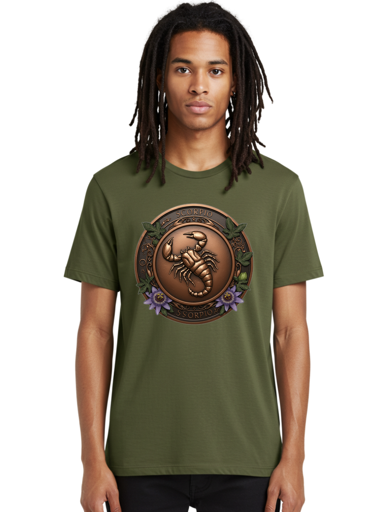 Scorpio-1 Men'S Graphic Tee, 100% Cotton, Comfortable Casual Summer Wear, Machine Washable, Scorpion Symbol, Zodiac Sign, Astrological Emblem, Bronze Medal, Scorpio, Mysterious, Astrology, Mystic, Flower, Leaves, Scorpion Motif Bae267