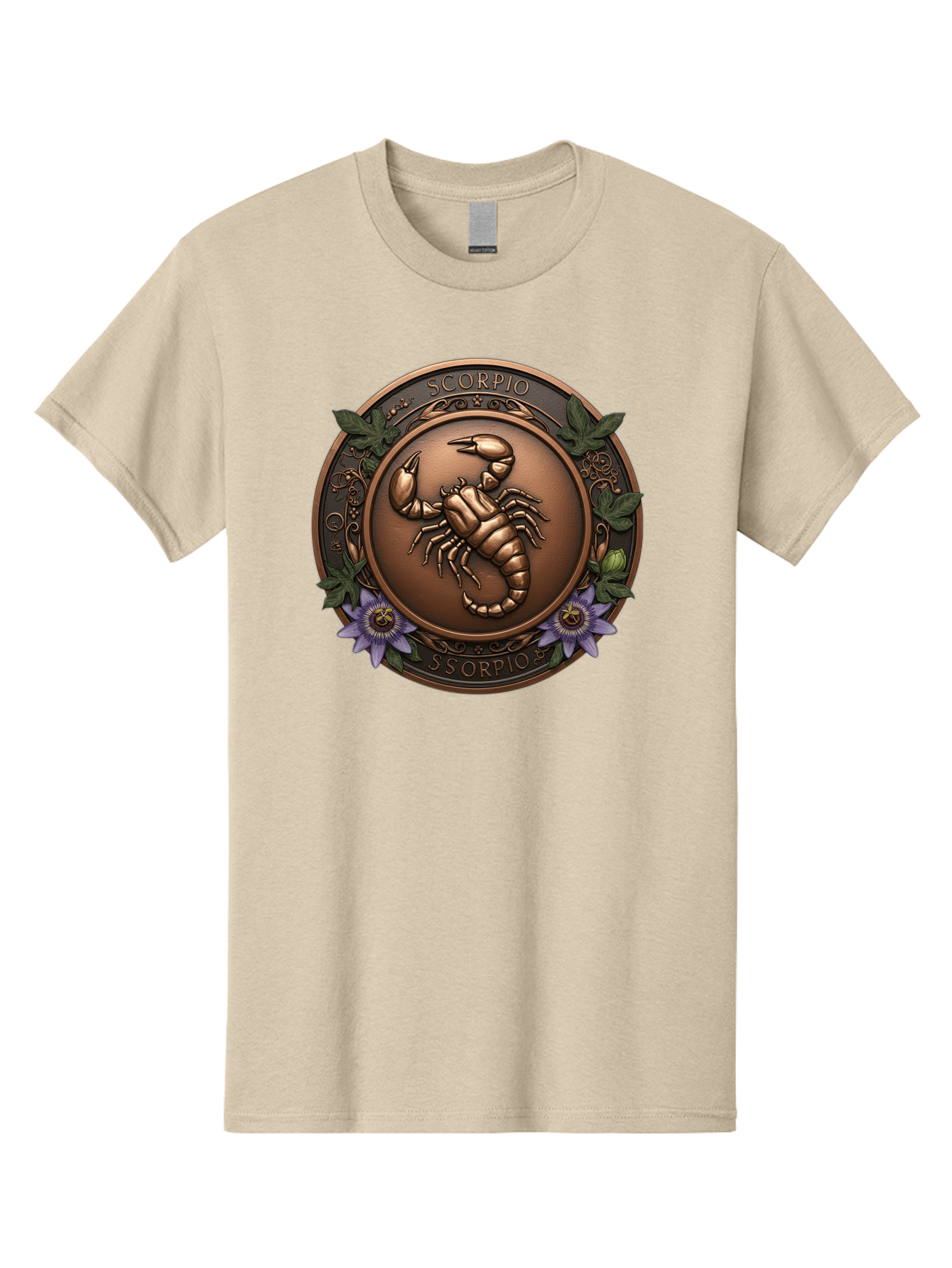 Scorpio-1 Men'S Graphic Tee, 100% Cotton, Comfortable Casual Summer Wear, Machine Washable, Scorpion Symbol, Zodiac Sign, Astrological Emblem, Bronze Medal, Scorpio, Mysterious, Astrology, Mystic, Flower, Leaves, Scorpion Motif Bae267