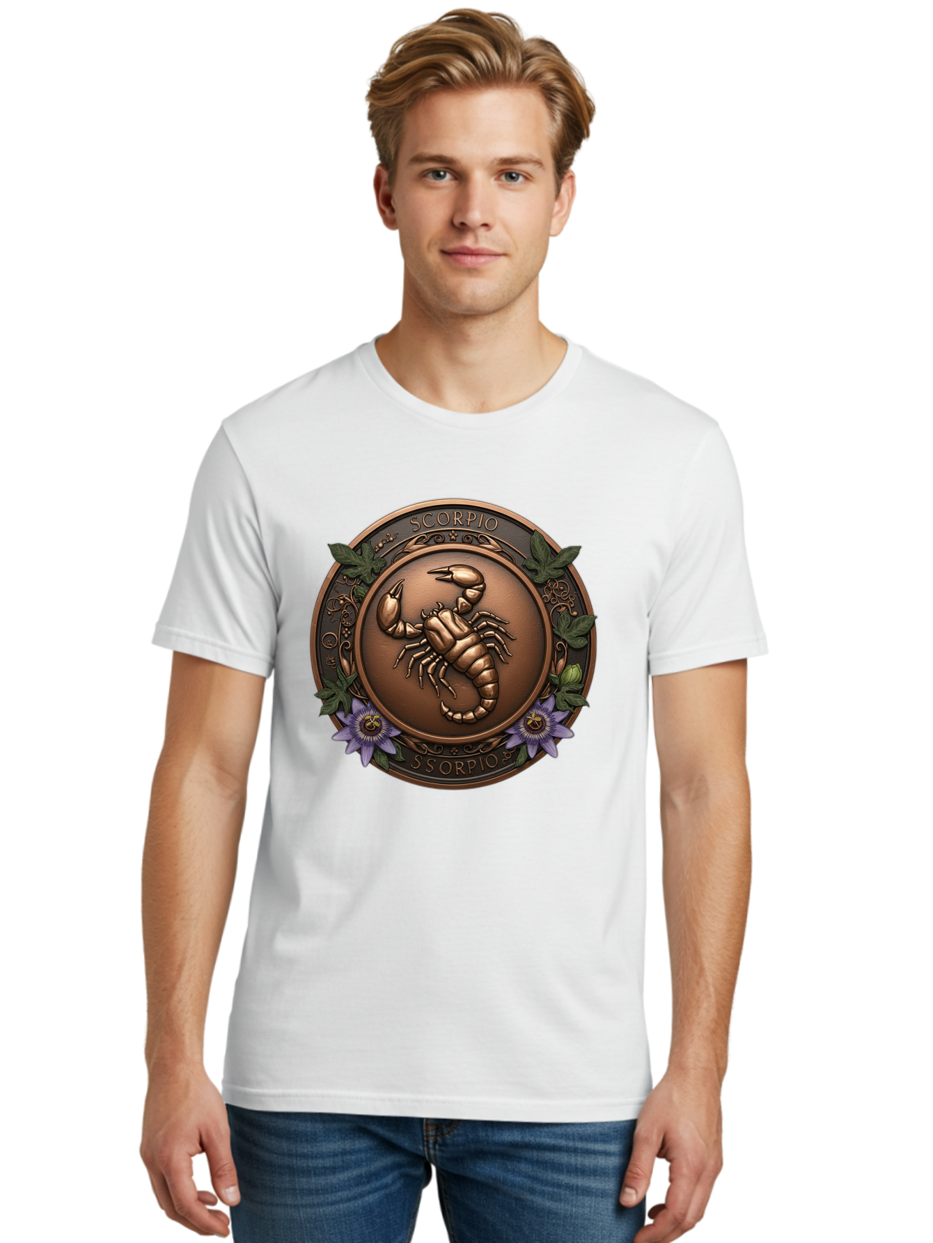 Scorpio-1 Men'S Graphic Tee, 100% Cotton, Comfortable Casual Summer Wear, Machine Washable, Scorpion Symbol, Zodiac Sign, Astrological Emblem, Bronze Medal, Scorpio, Mysterious, Astrology, Mystic, Flower, Leaves, Scorpion Motif Bae267