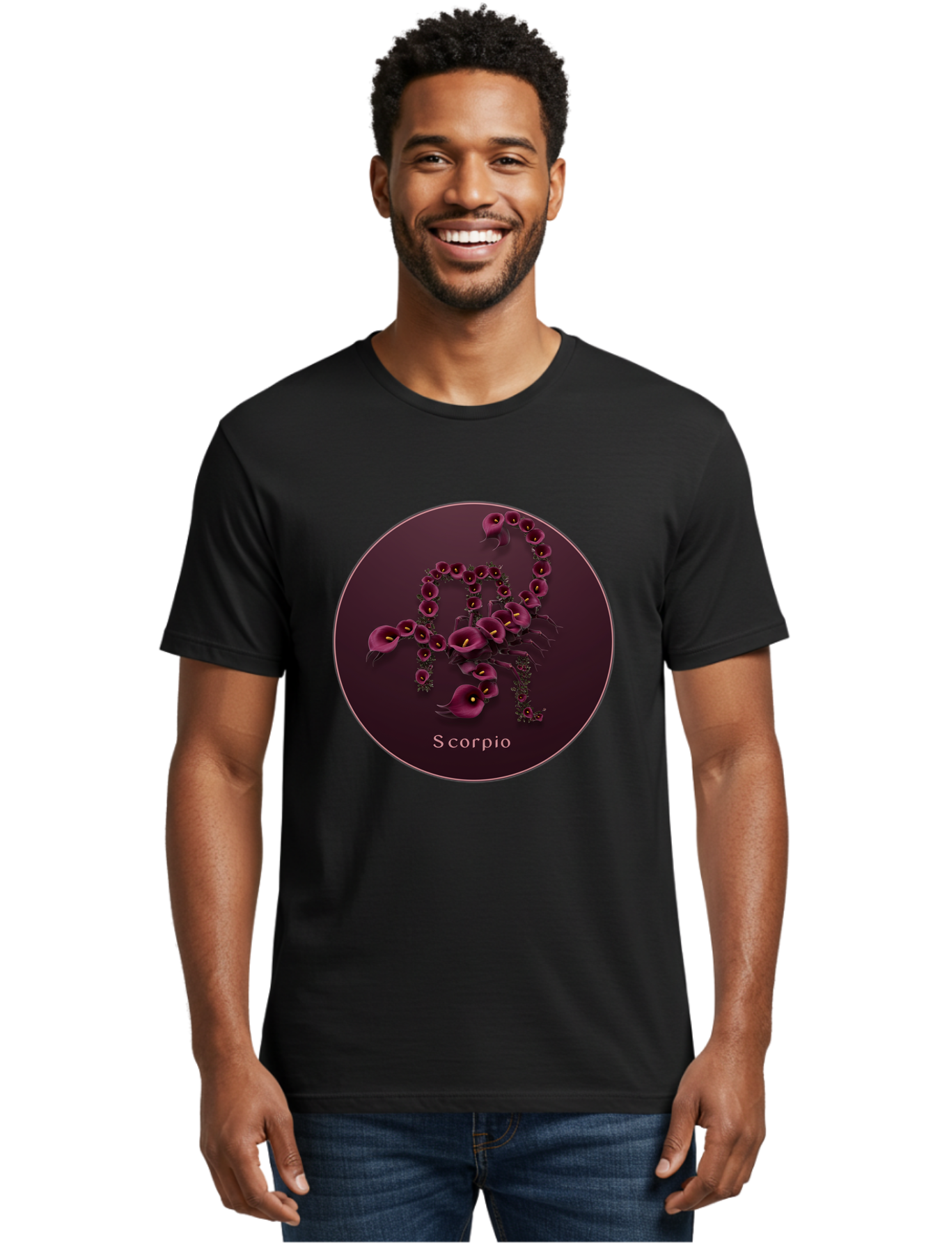 Scorpio Men'S Graphic Tee, 100% Cotton, Comfortable Casual Summer Wear, Machine Washable, Scorpion Symbol, Calla Lily Flowers, Floral Arrangement, Dark Pink Blooms, Astrology Sign, Zodiac Symbol, Scorpio, Mysterious Design, Elegant Flowers Bae268