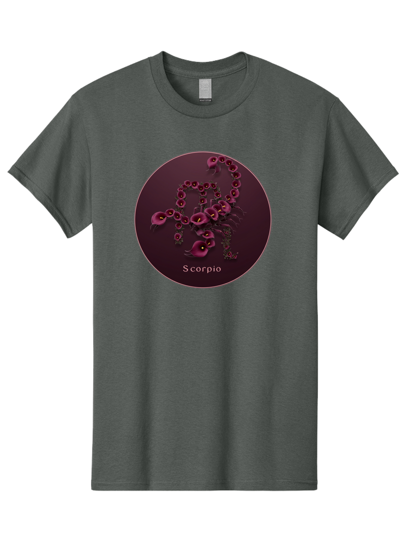 Scorpio Men'S Graphic Tee, 100% Cotton, Comfortable Casual Summer Wear, Machine Washable, Scorpion Symbol, Calla Lily Flowers, Floral Arrangement, Dark Pink Blooms, Astrology Sign, Zodiac Symbol, Scorpio, Mysterious Design, Elegant Flowers Bae268