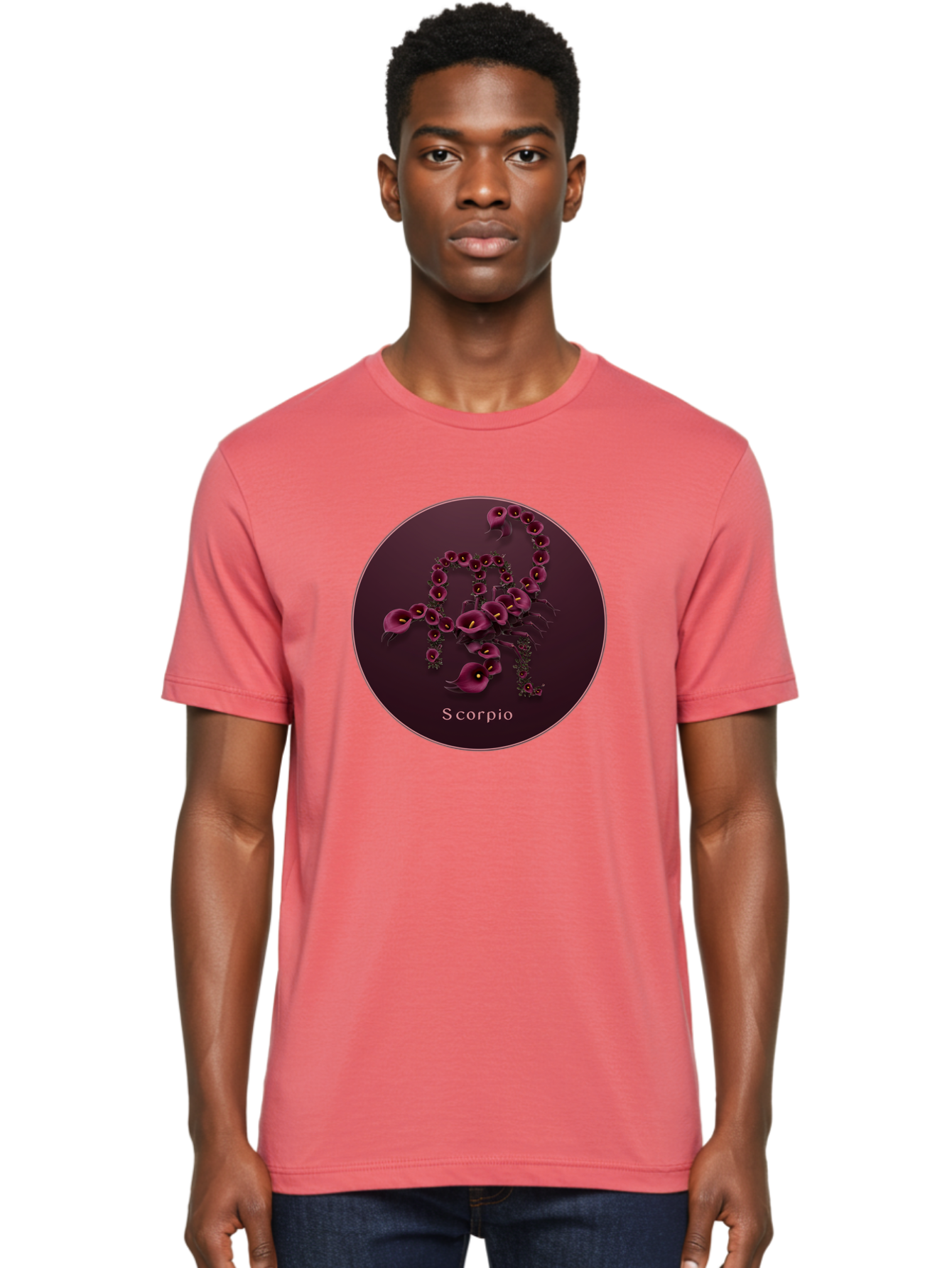Scorpio Men'S Graphic Tee, 100% Cotton, Comfortable Casual Summer Wear, Machine Washable, Scorpion Symbol, Calla Lily Flowers, Floral Arrangement, Dark Pink Blooms, Astrology Sign, Zodiac Symbol, Scorpio, Mysterious Design, Elegant Flowers Bae268
