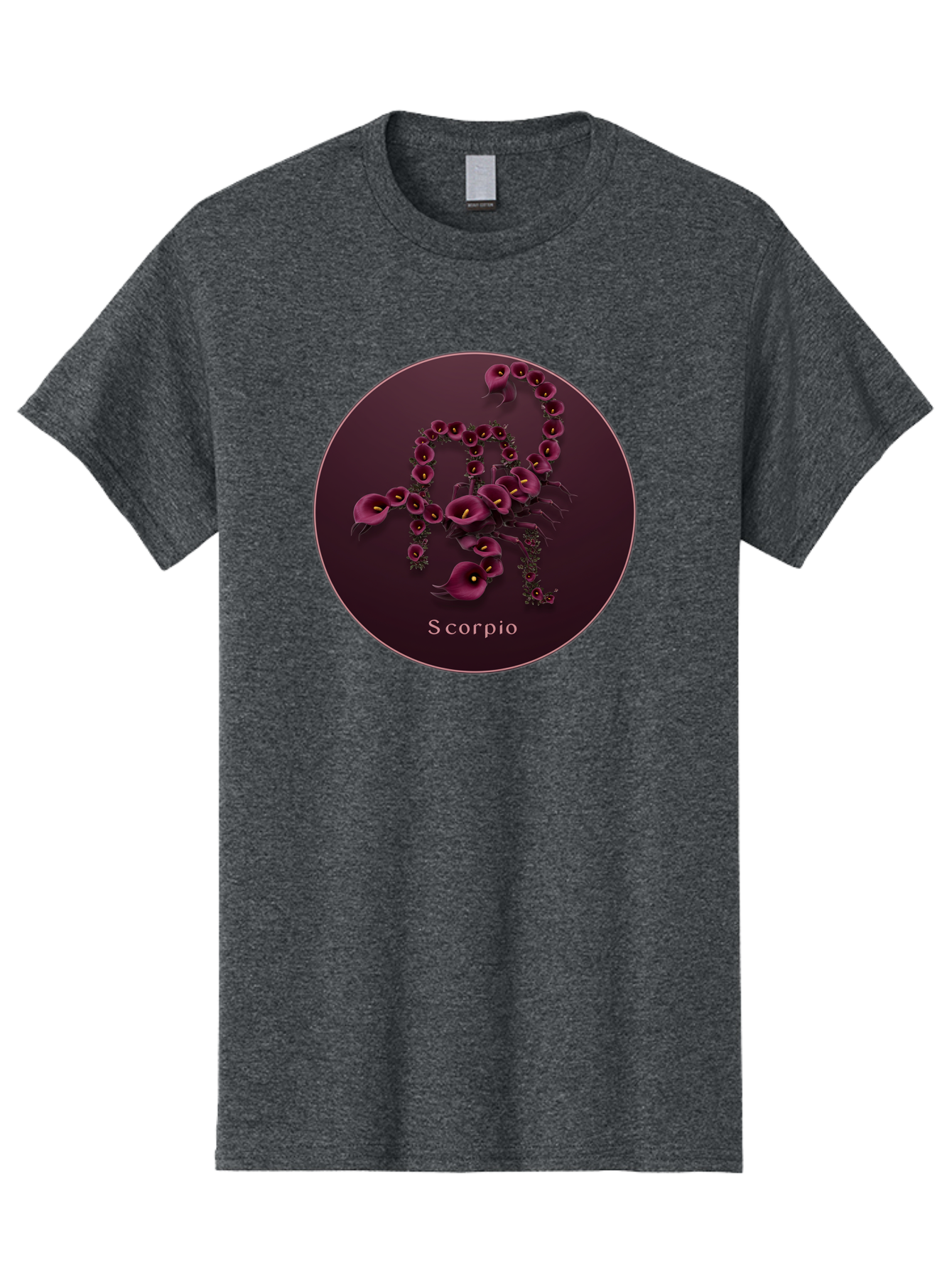 Scorpio Men'S Graphic Tee, 100% Cotton, Comfortable Casual Summer Wear, Machine Washable, Scorpion Symbol, Calla Lily Flowers, Floral Arrangement, Dark Pink Blooms, Astrology Sign, Zodiac Symbol, Scorpio, Mysterious Design, Elegant Flowers Bae268