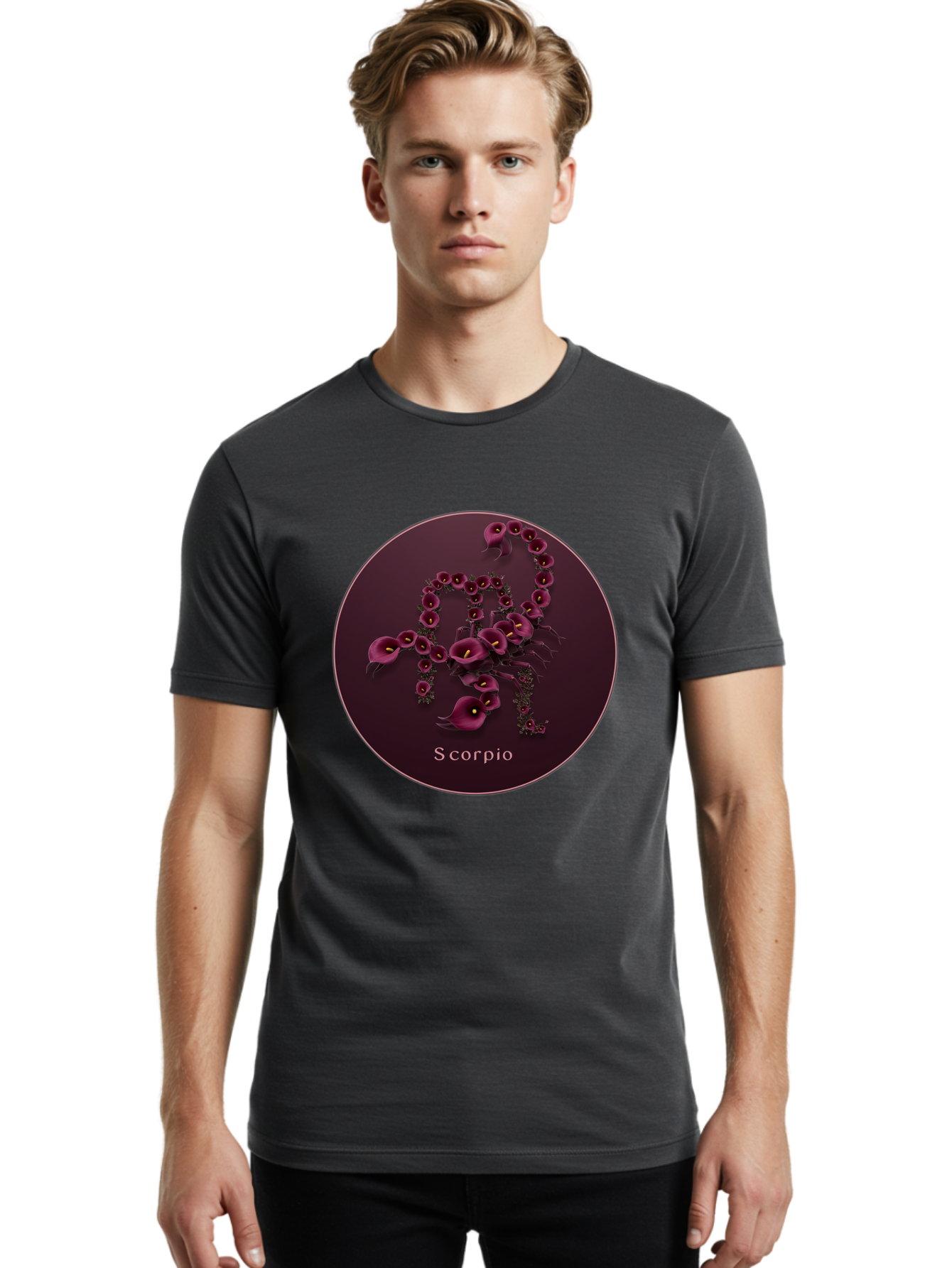 Scorpio Men'S Graphic Tee, 100% Cotton, Comfortable Casual Summer Wear, Machine Washable, Scorpion Symbol, Calla Lily Flowers, Floral Arrangement, Dark Pink Blooms, Astrology Sign, Zodiac Symbol, Scorpio, Mysterious Design, Elegant Flowers Bae268