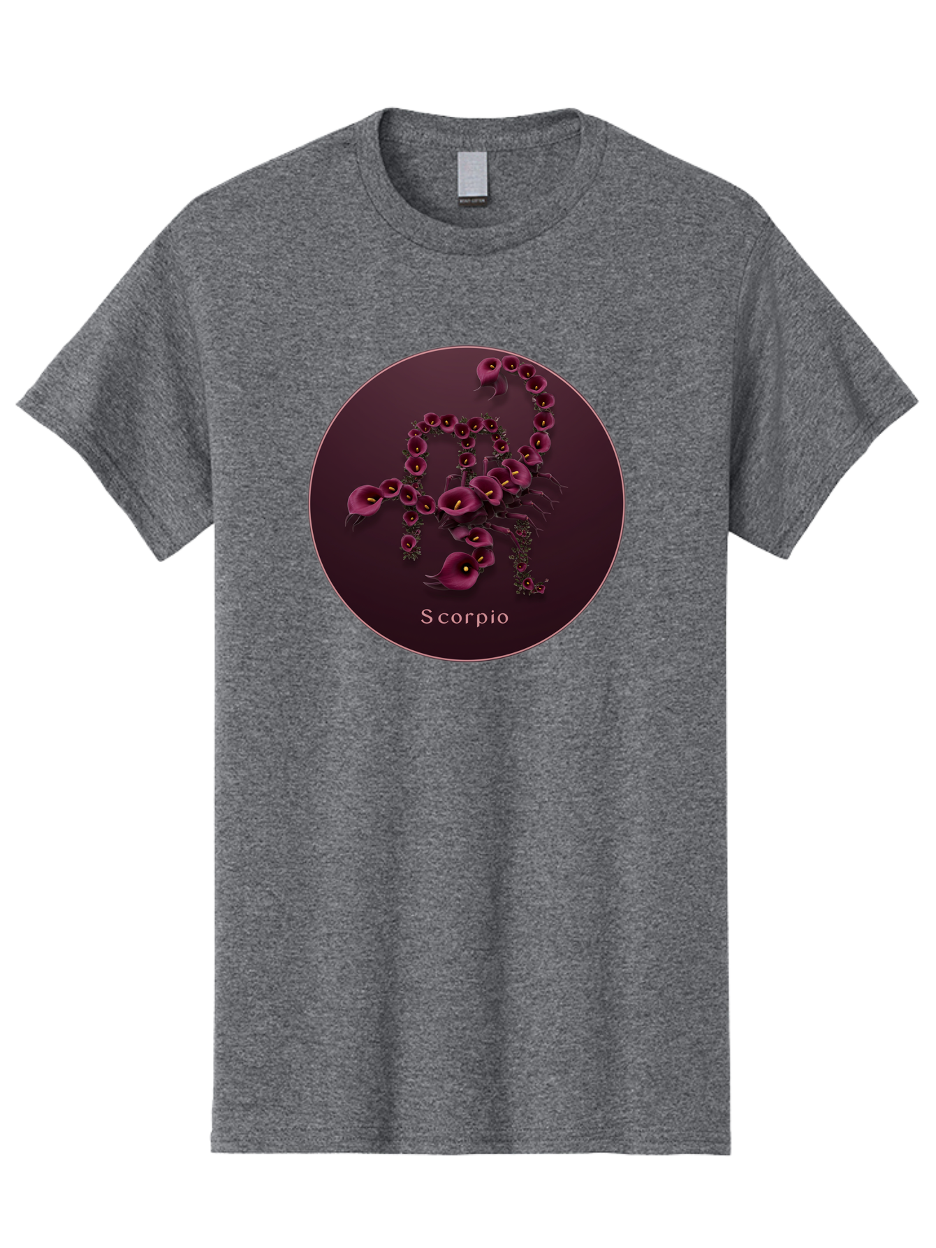 Scorpio Men'S Graphic Tee, 100% Cotton, Comfortable Casual Summer Wear, Machine Washable, Scorpion Symbol, Calla Lily Flowers, Floral Arrangement, Dark Pink Blooms, Astrology Sign, Zodiac Symbol, Scorpio, Mysterious Design, Elegant Flowers Bae268