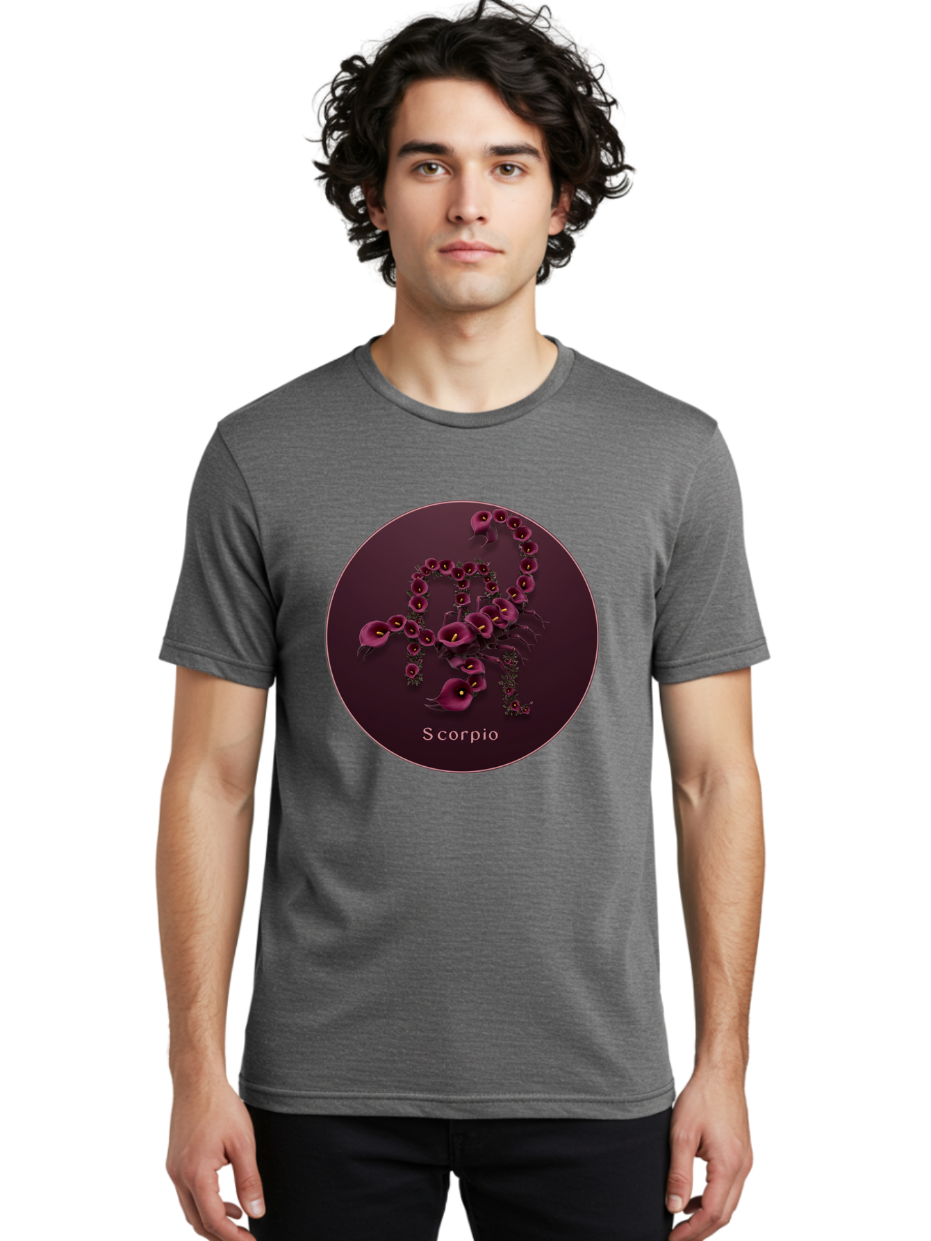 Scorpio Men'S Graphic Tee, 100% Cotton, Comfortable Casual Summer Wear, Machine Washable, Scorpion Symbol, Calla Lily Flowers, Floral Arrangement, Dark Pink Blooms, Astrology Sign, Zodiac Symbol, Scorpio, Mysterious Design, Elegant Flowers Bae268