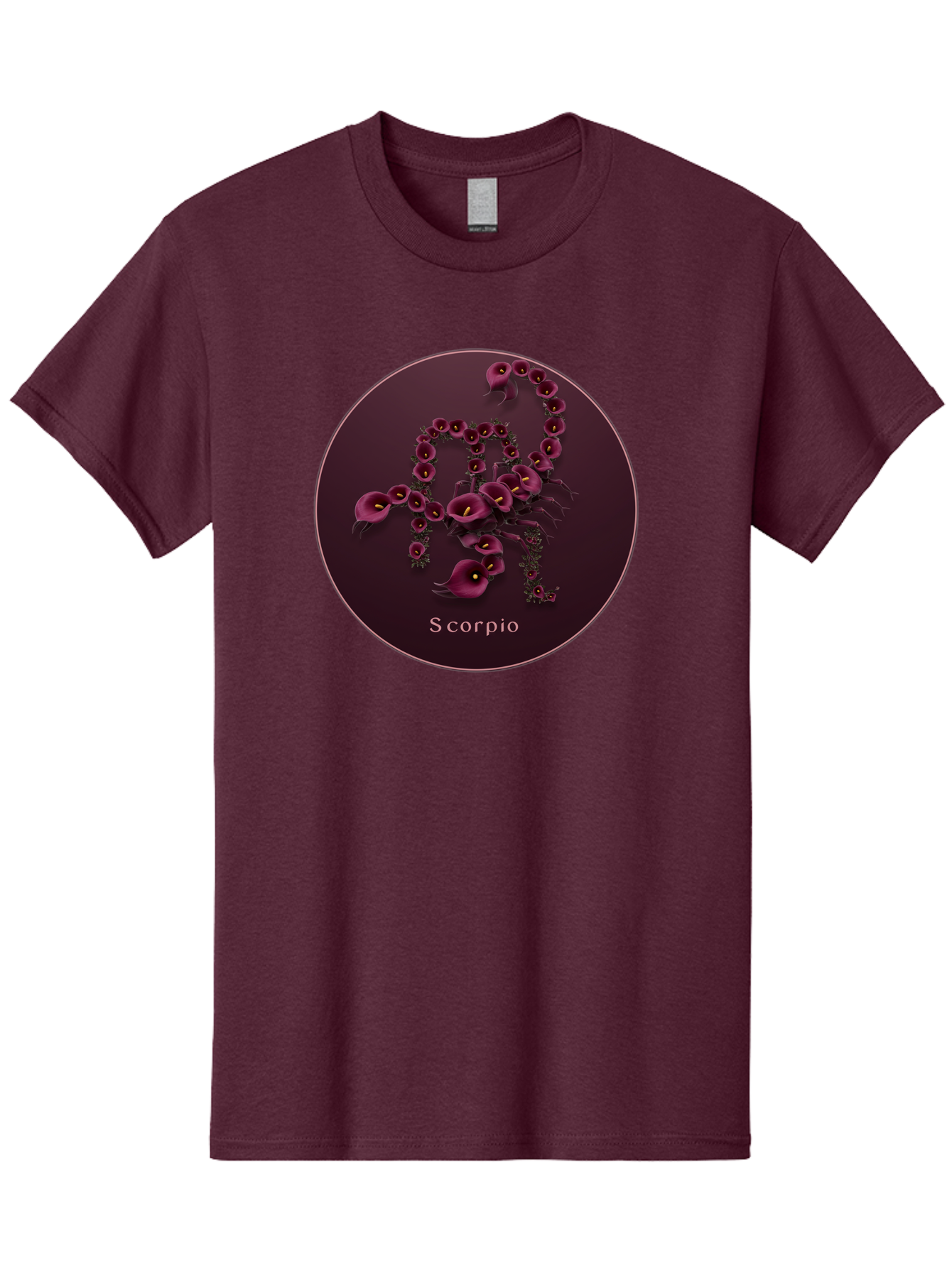 Scorpio Men'S Graphic Tee, 100% Cotton, Comfortable Casual Summer Wear, Machine Washable, Scorpion Symbol, Calla Lily Flowers, Floral Arrangement, Dark Pink Blooms, Astrology Sign, Zodiac Symbol, Scorpio, Mysterious Design, Elegant Flowers Bae268