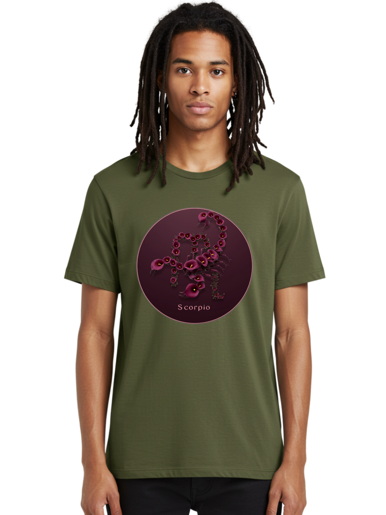 Scorpio Men'S Graphic Tee, 100% Cotton, Comfortable Casual Summer Wear, Machine Washable, Scorpion Symbol, Calla Lily Flowers, Floral Arrangement, Dark Pink Blooms, Astrology Sign, Zodiac Symbol, Scorpio, Mysterious Design, Elegant Flowers Bae268