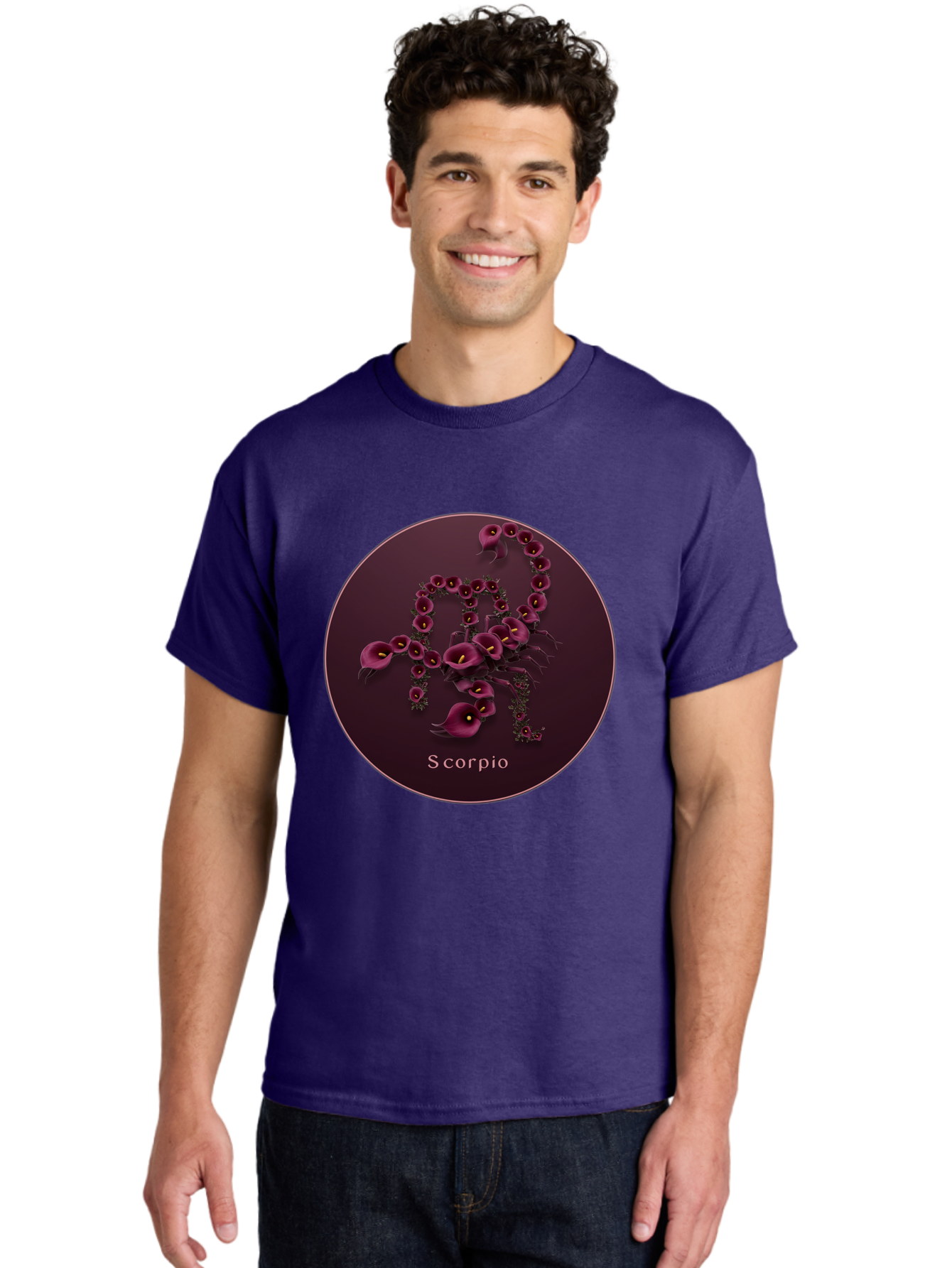 Scorpio Men'S Graphic Tee, 100% Cotton, Comfortable Casual Summer Wear, Machine Washable, Scorpion Symbol, Calla Lily Flowers, Floral Arrangement, Dark Pink Blooms, Astrology Sign, Zodiac Symbol, Scorpio, Mysterious Design, Elegant Flowers Bae268