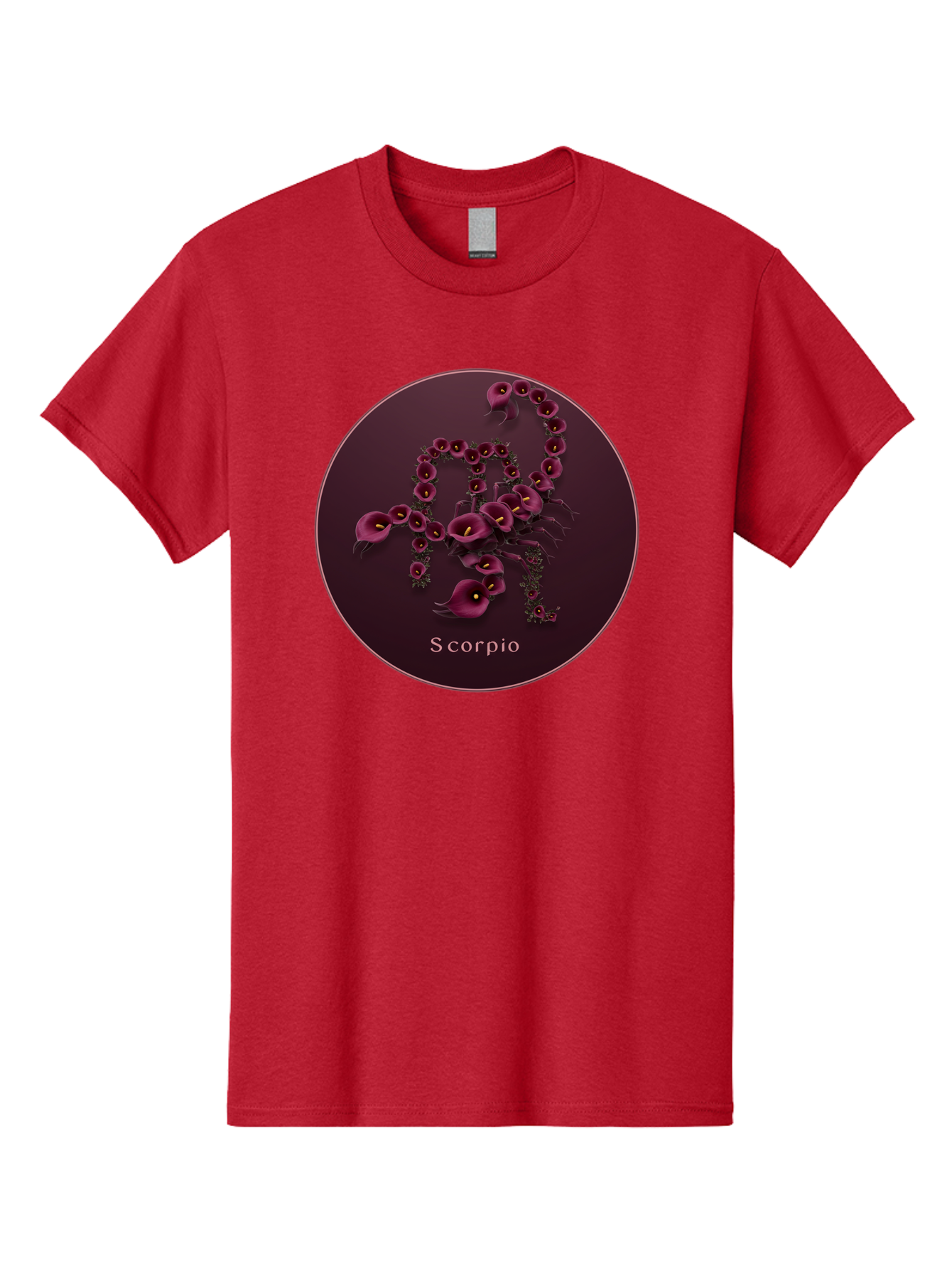 Scorpio Men'S Graphic Tee, 100% Cotton, Comfortable Casual Summer Wear, Machine Washable, Scorpion Symbol, Calla Lily Flowers, Floral Arrangement, Dark Pink Blooms, Astrology Sign, Zodiac Symbol, Scorpio, Mysterious Design, Elegant Flowers Bae268