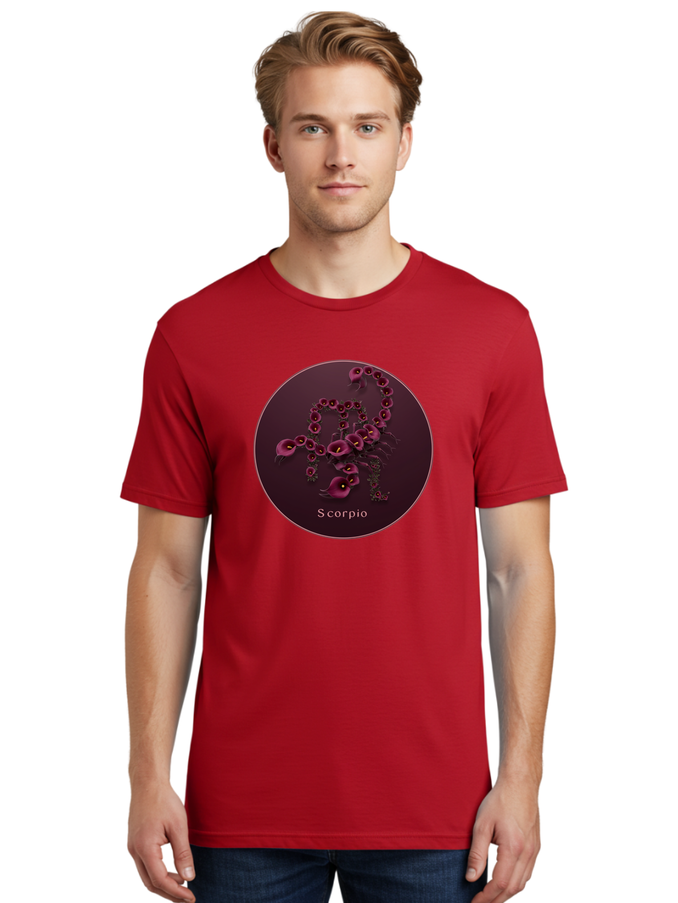 Scorpio Men'S Graphic Tee, 100% Cotton, Comfortable Casual Summer Wear, Machine Washable, Scorpion Symbol, Calla Lily Flowers, Floral Arrangement, Dark Pink Blooms, Astrology Sign, Zodiac Symbol, Scorpio, Mysterious Design, Elegant Flowers Bae268