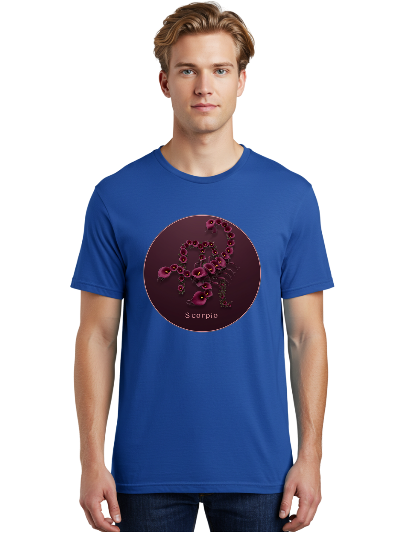 Scorpio Men'S Graphic Tee, 100% Cotton, Comfortable Casual Summer Wear, Machine Washable, Scorpion Symbol, Calla Lily Flowers, Floral Arrangement, Dark Pink Blooms, Astrology Sign, Zodiac Symbol, Scorpio, Mysterious Design, Elegant Flowers Bae268